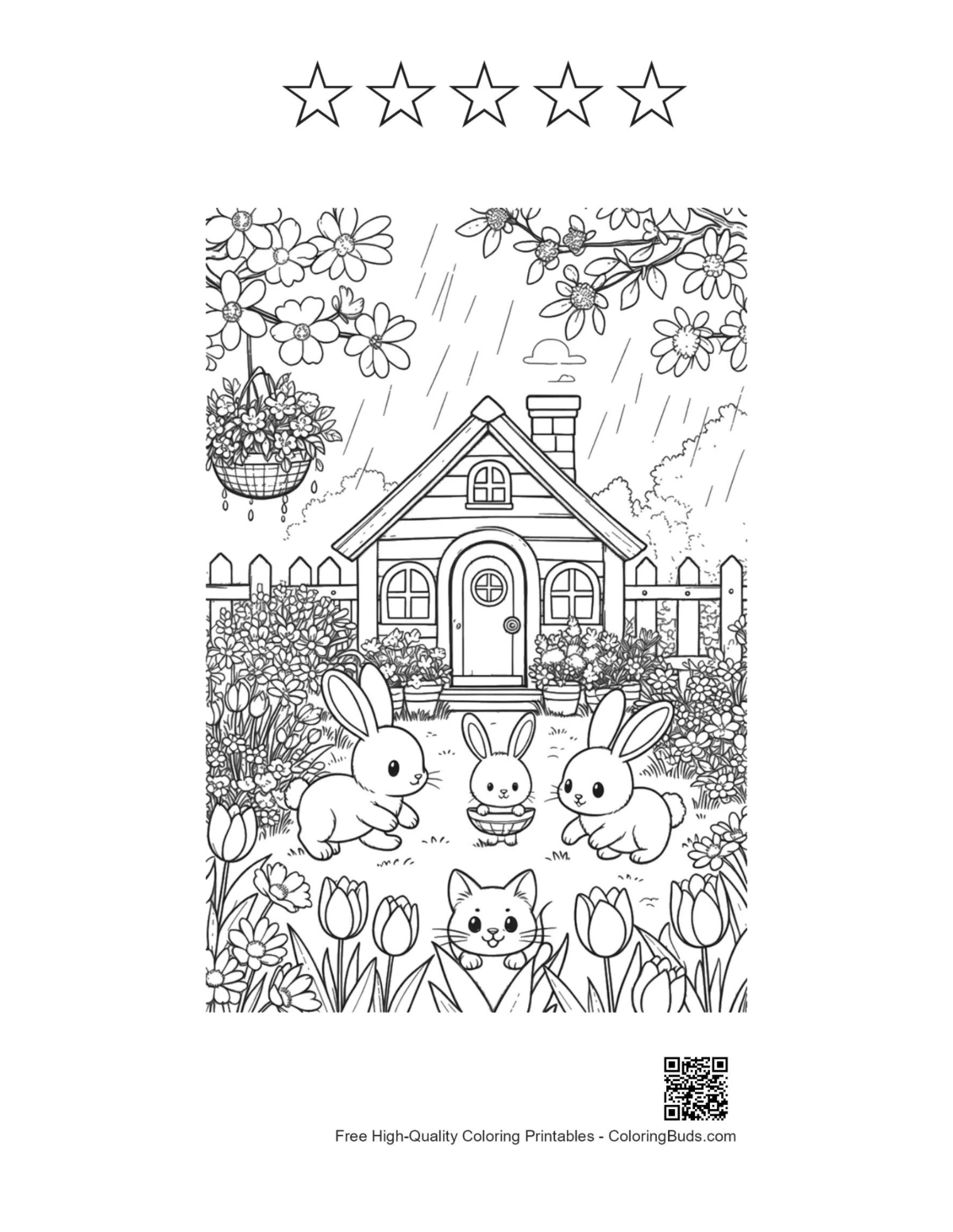 Flowers rain printable with 5 star outlines