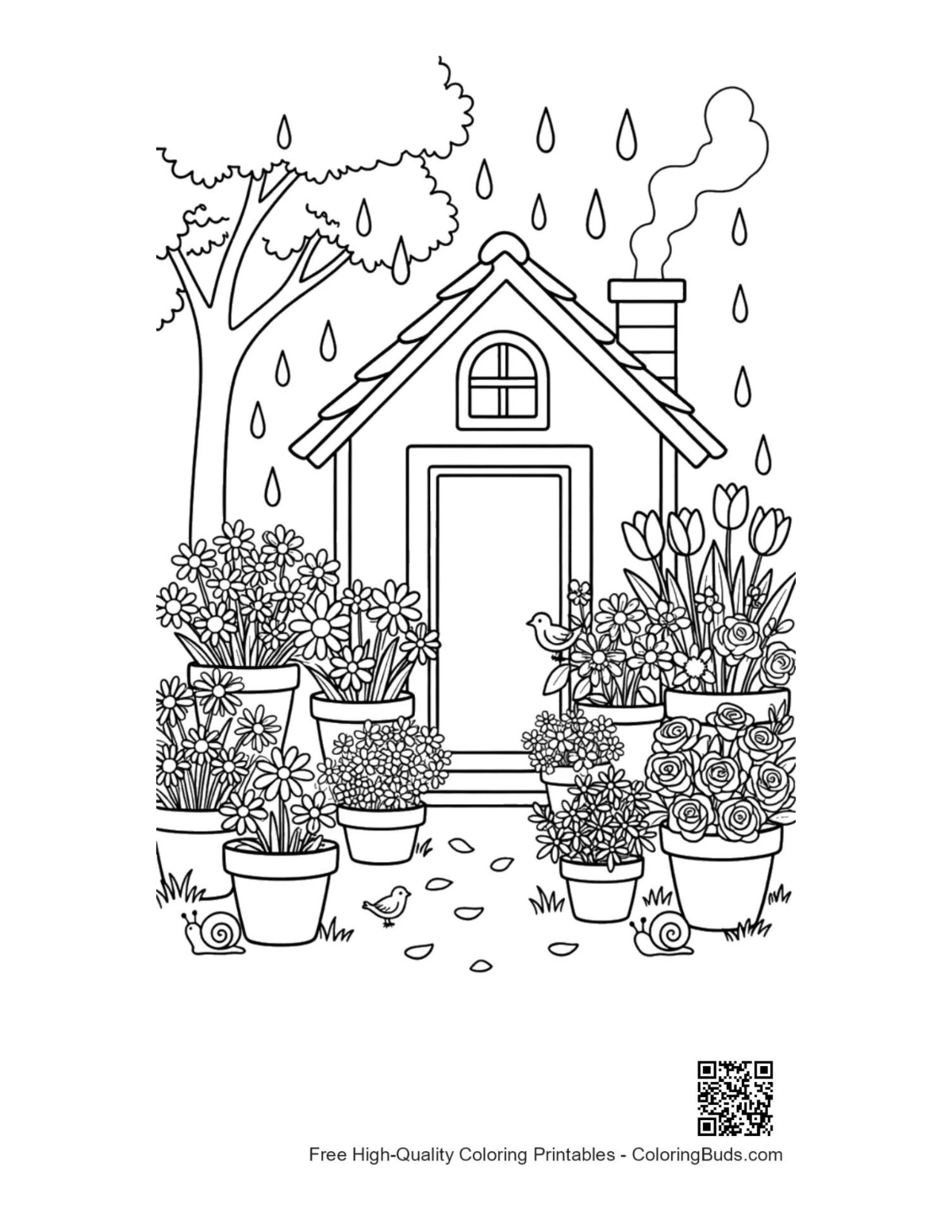 Garden house entrance printable with flowers raindrops