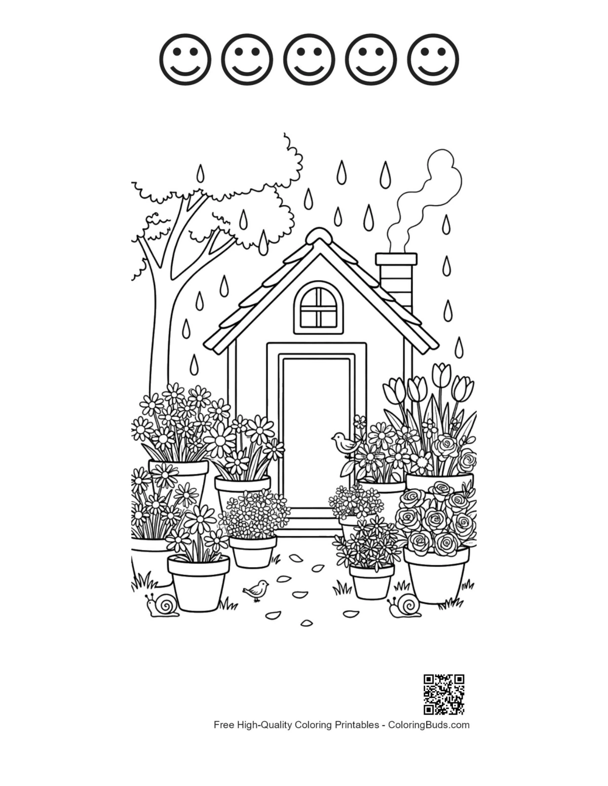 5 happy face outline garden house flowers rain printable