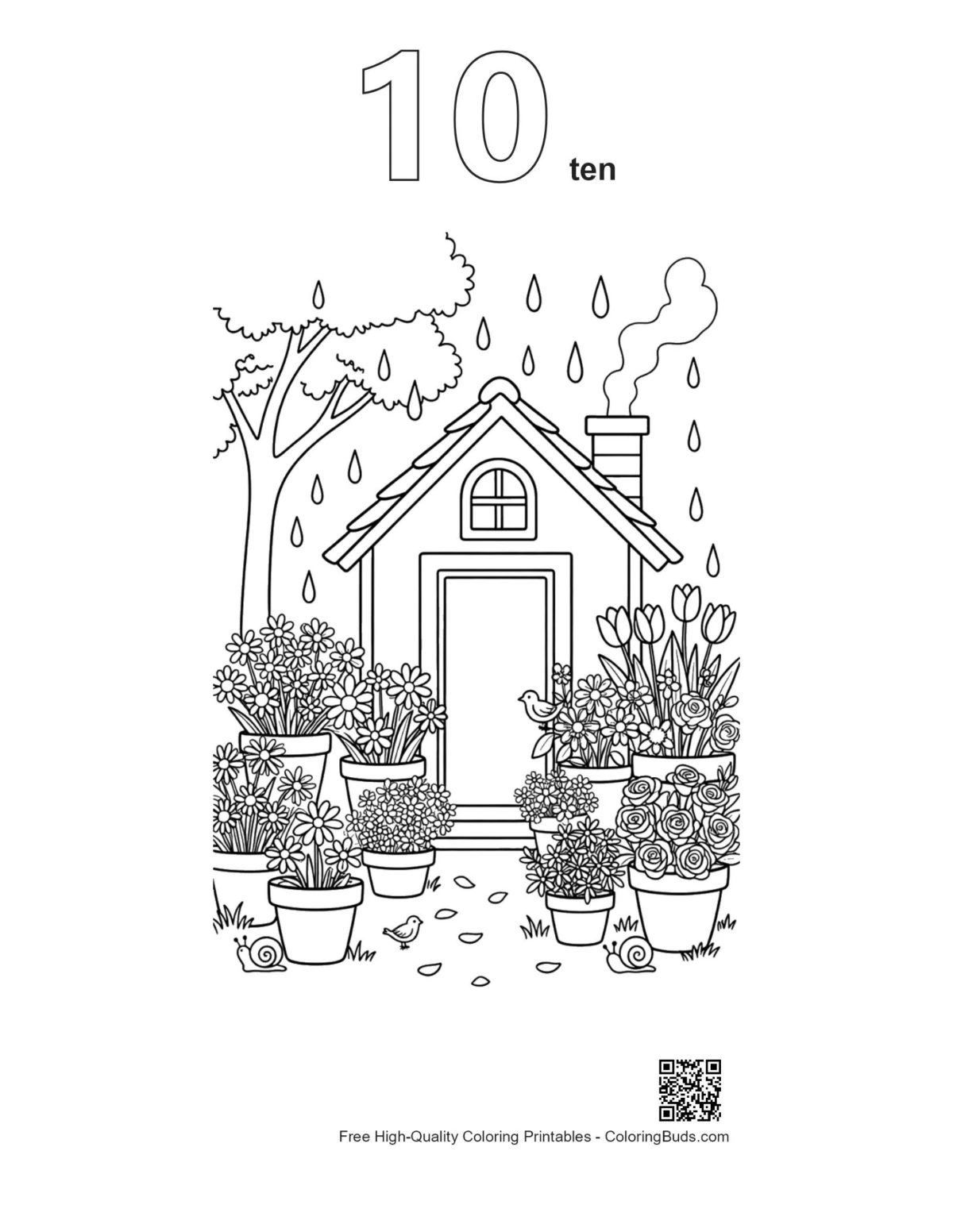 Outline number 10 garden house flowers raindrops printable