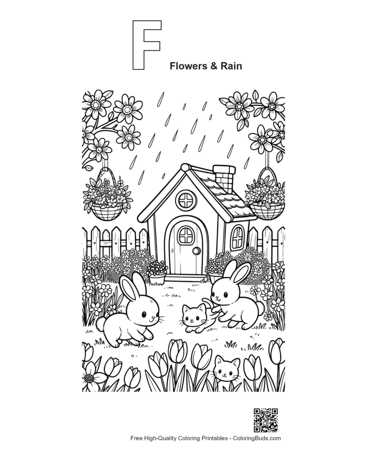 Rabbits rain cabin printable alphabet F outline