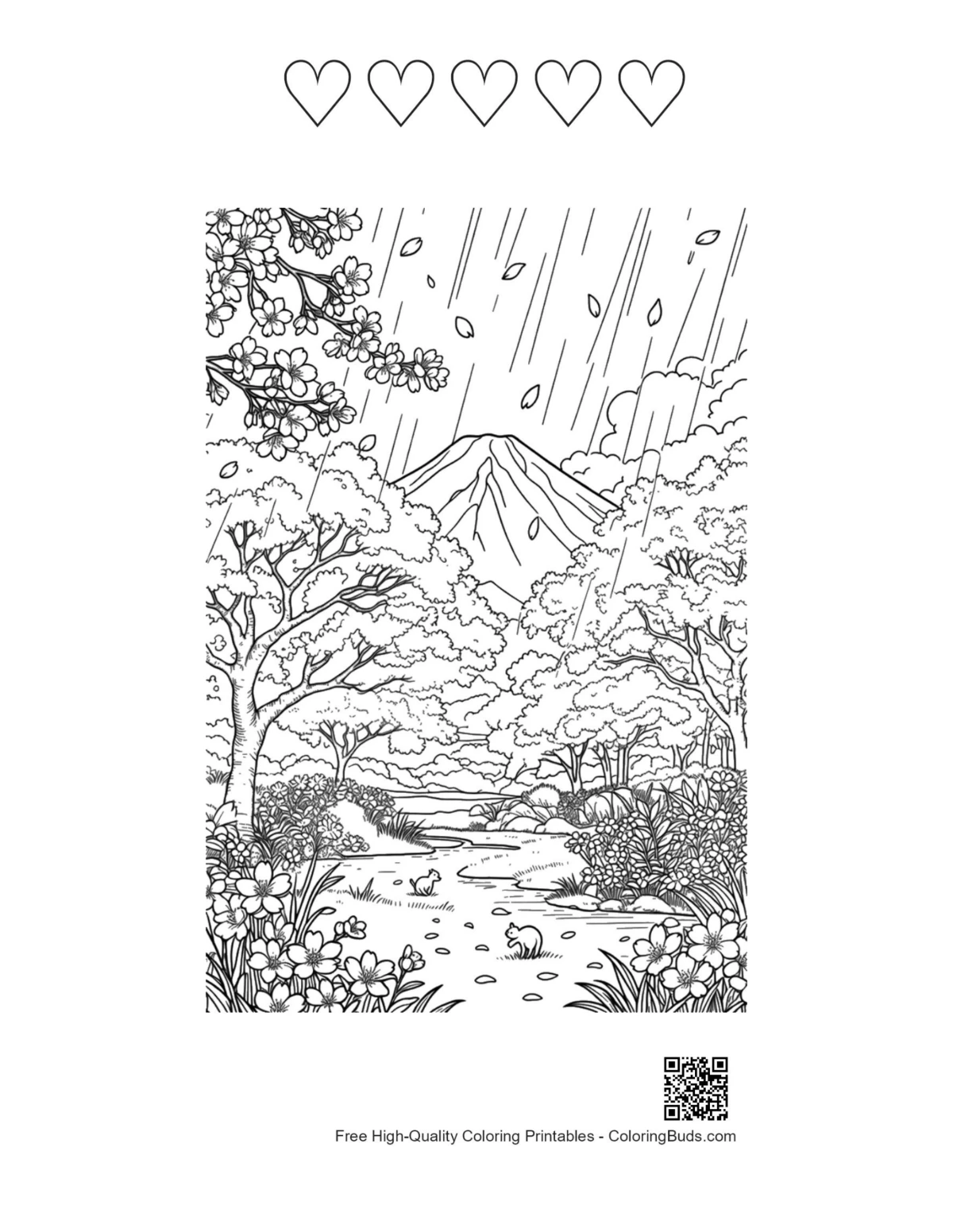 Mountain valley rain blossoms with 5 heart outlines printable