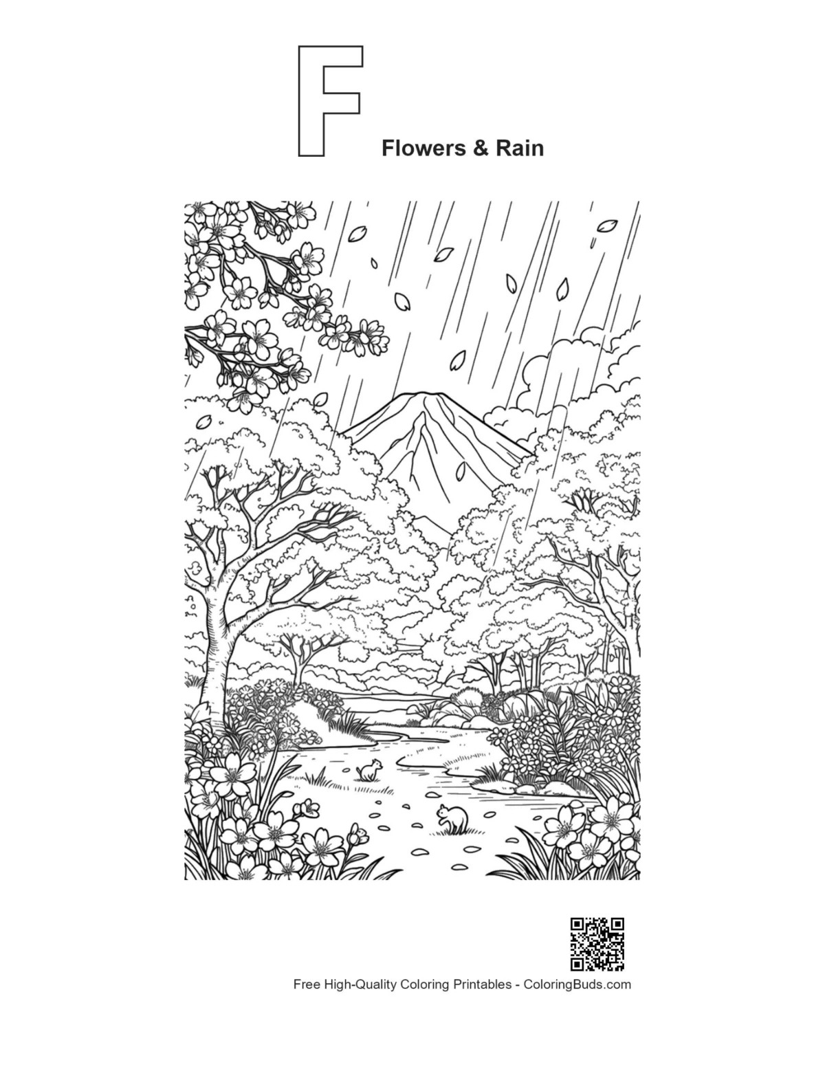 Outline alphabet F mountain valley Flowers & Rain printable