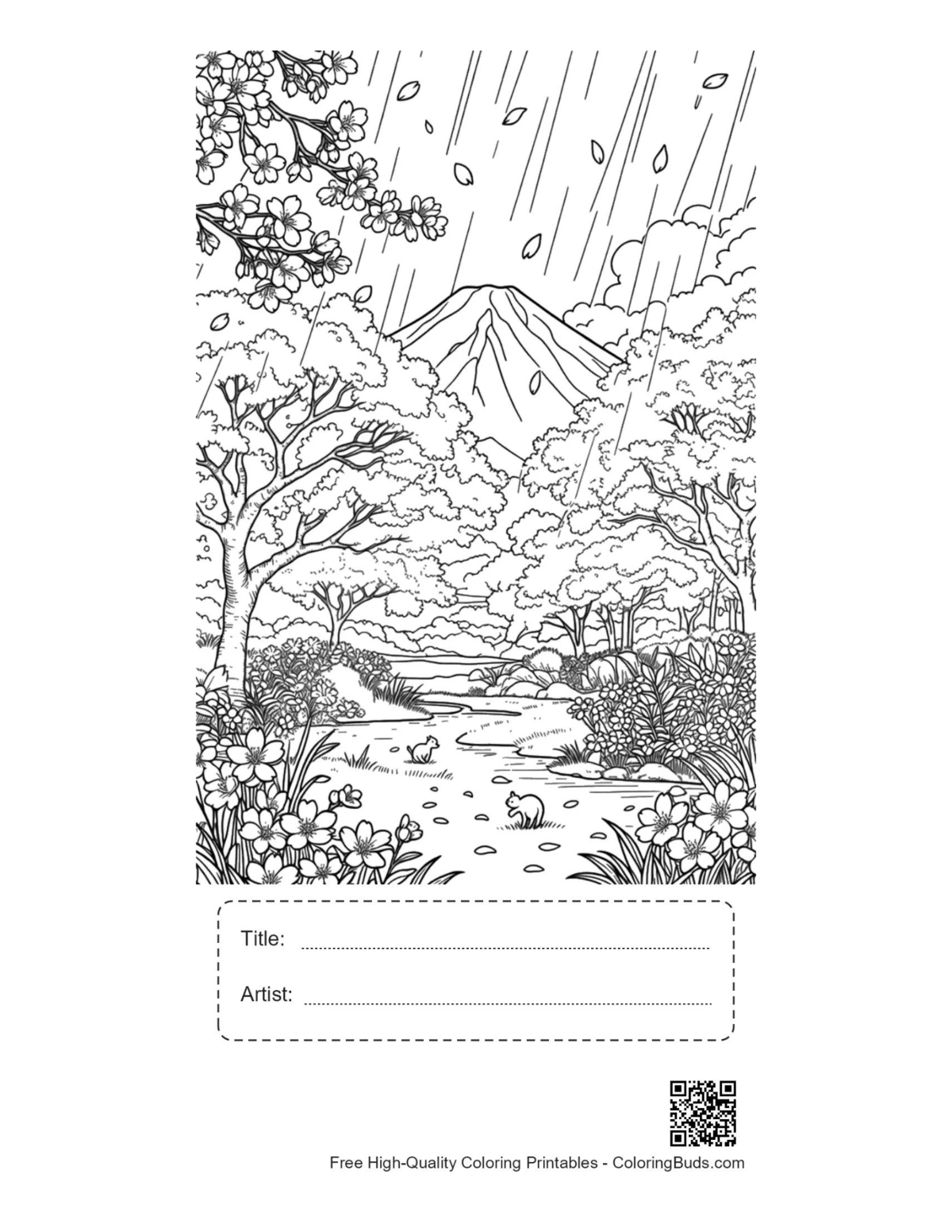 Mountain valley printable with title artist box coloring page