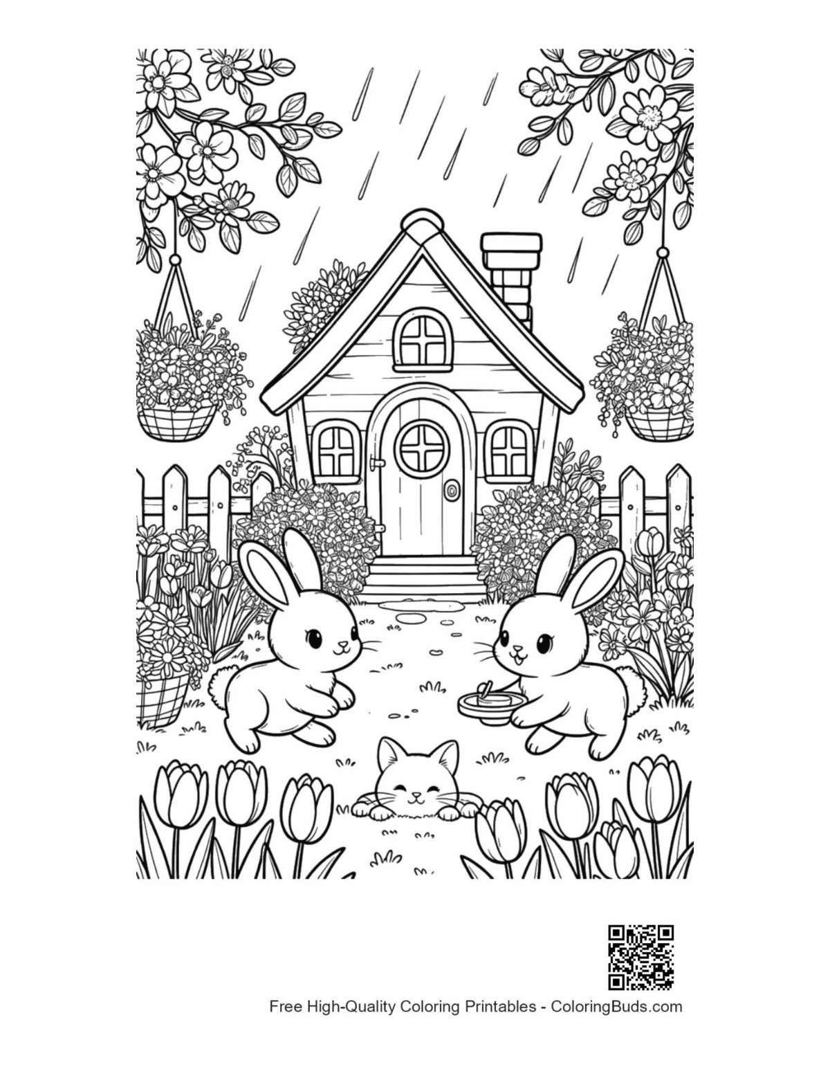 Rabbits under rainy sky by flowery house coloring printable