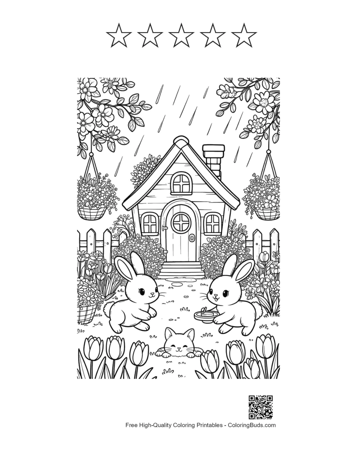 Rabbits rainy sky flowery house with 5 star outlines printable