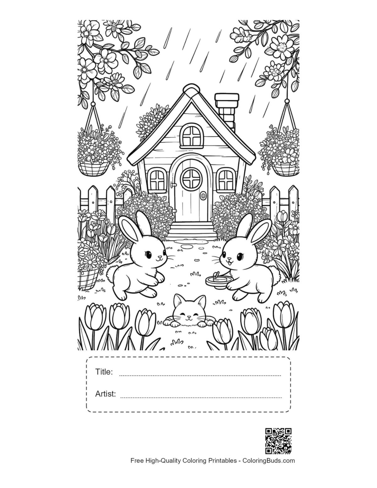 Rabbits rainy sky flowery house printable with title box