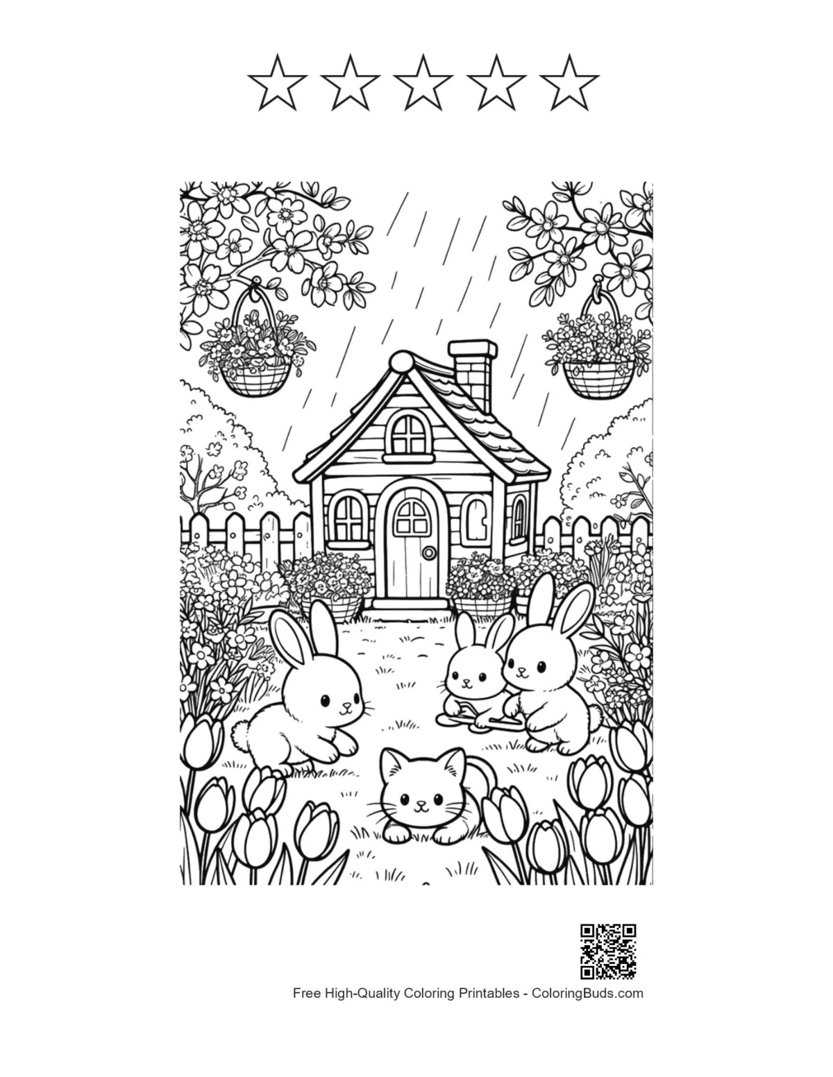 Spring rain bunnies cottage 5 star outlines printable