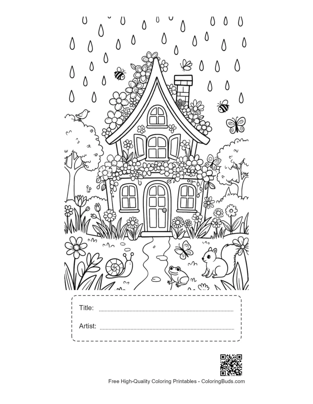 Whimsical cottage raindrops printable with title box