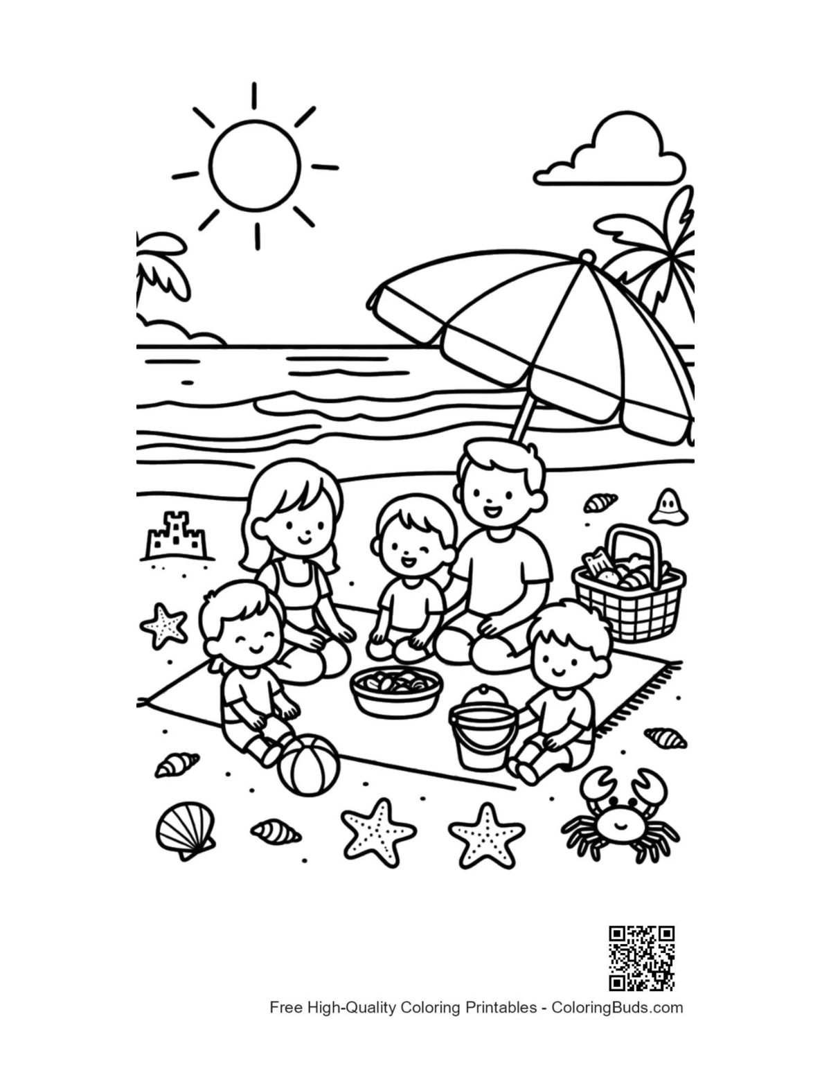 Beach picnic coloring page with shells starfish