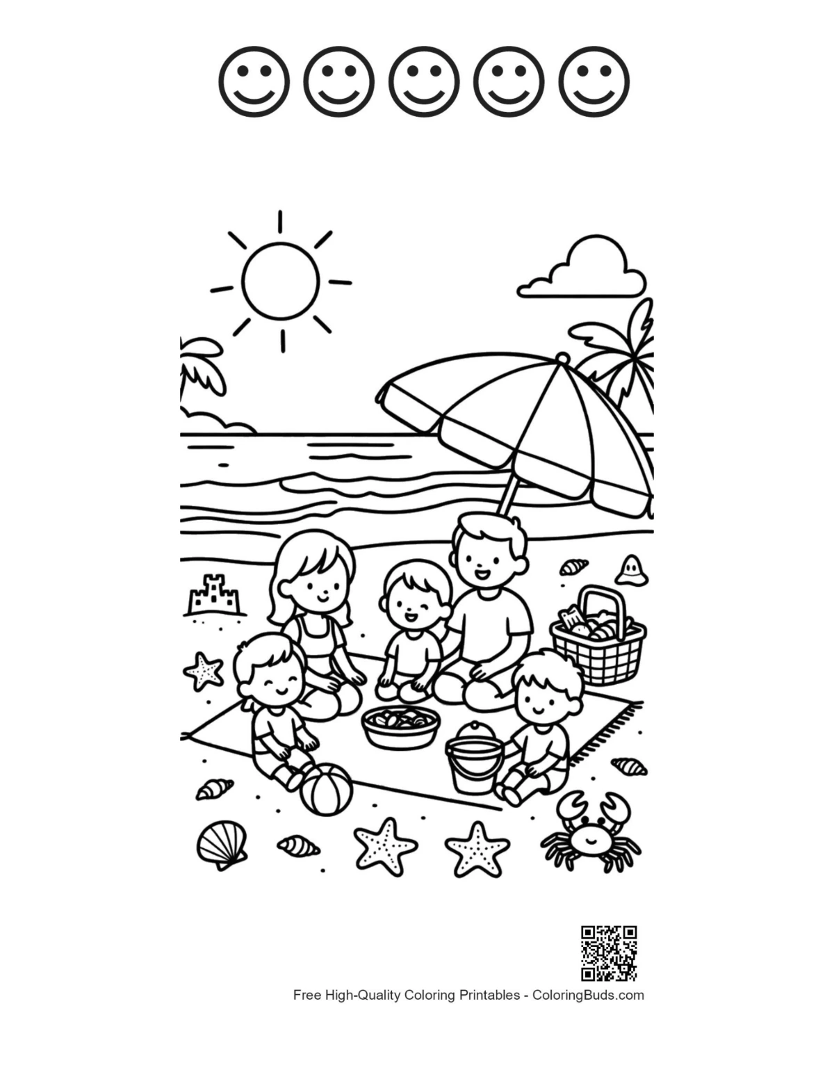 Beach picnic 5 happy face outlines sheet