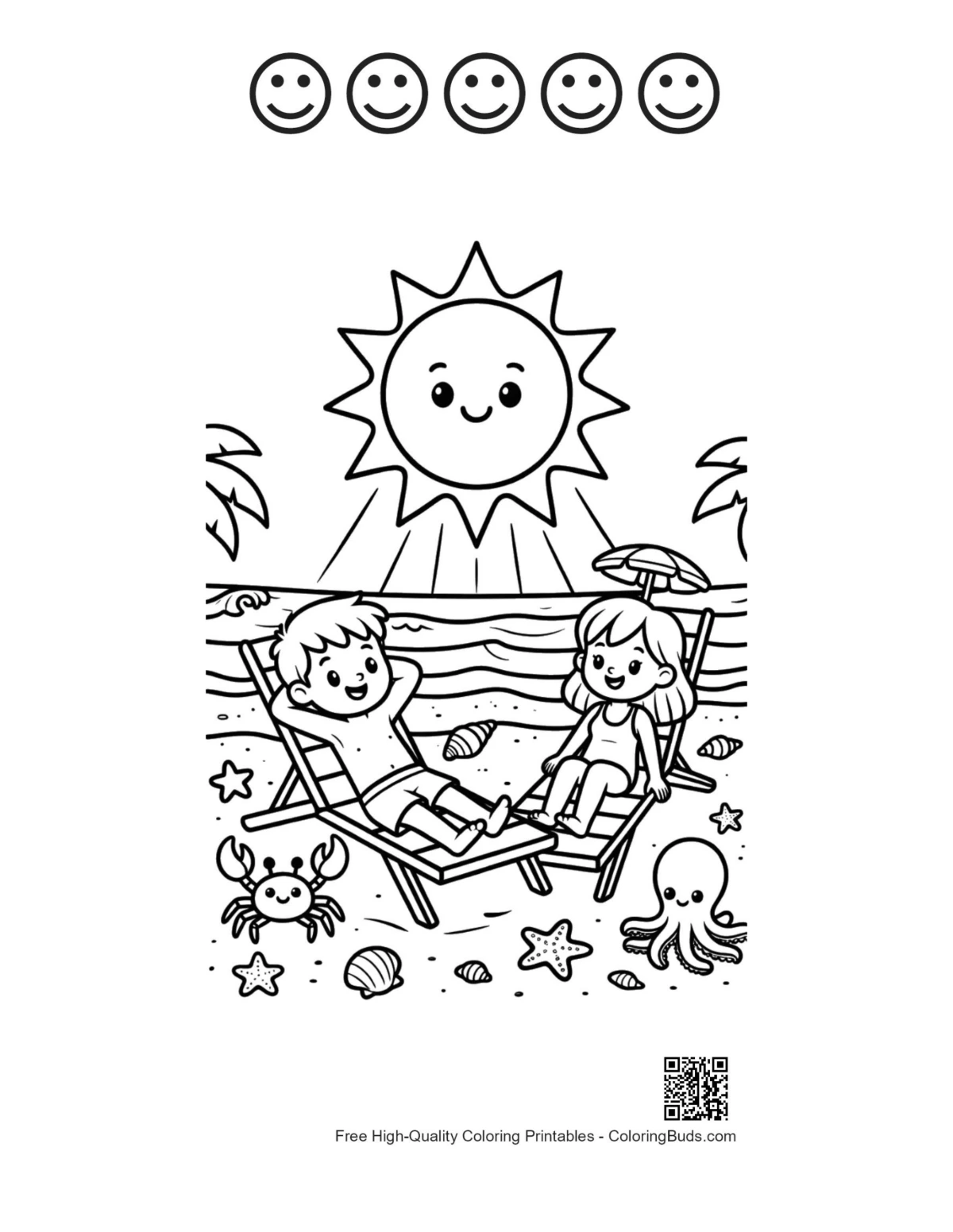 Beach sun with 5 happy face outlines printable