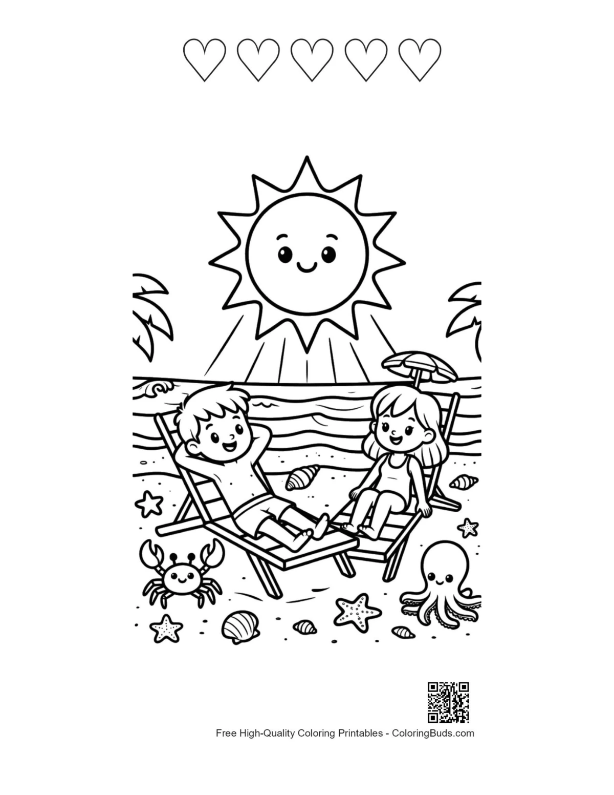 Beach sun printable featuring 5 heart outlines