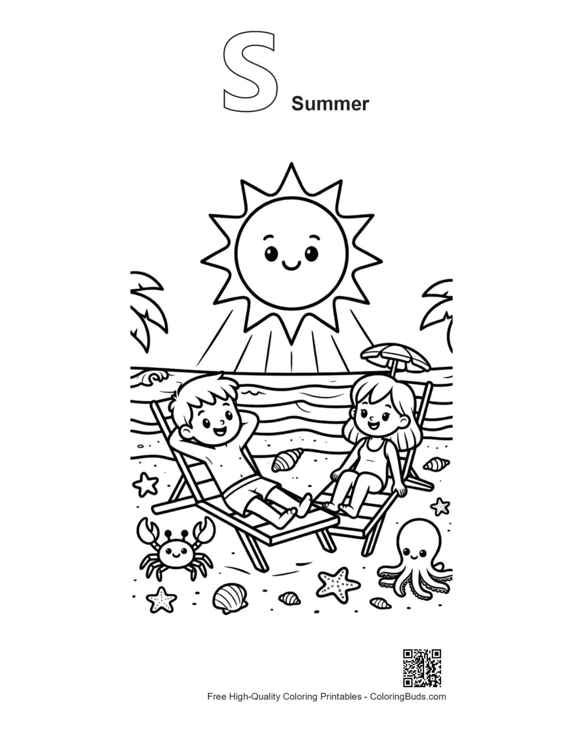 Beach sun outline with S for summer alphabet printable