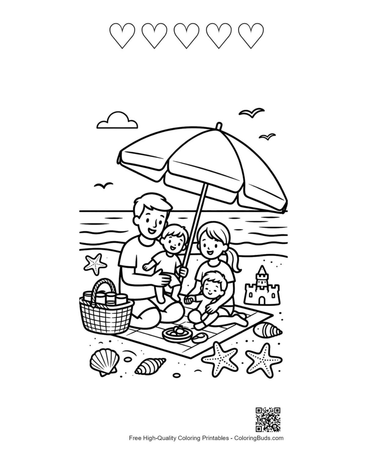 Beach sun printable with 5 heart outlines design