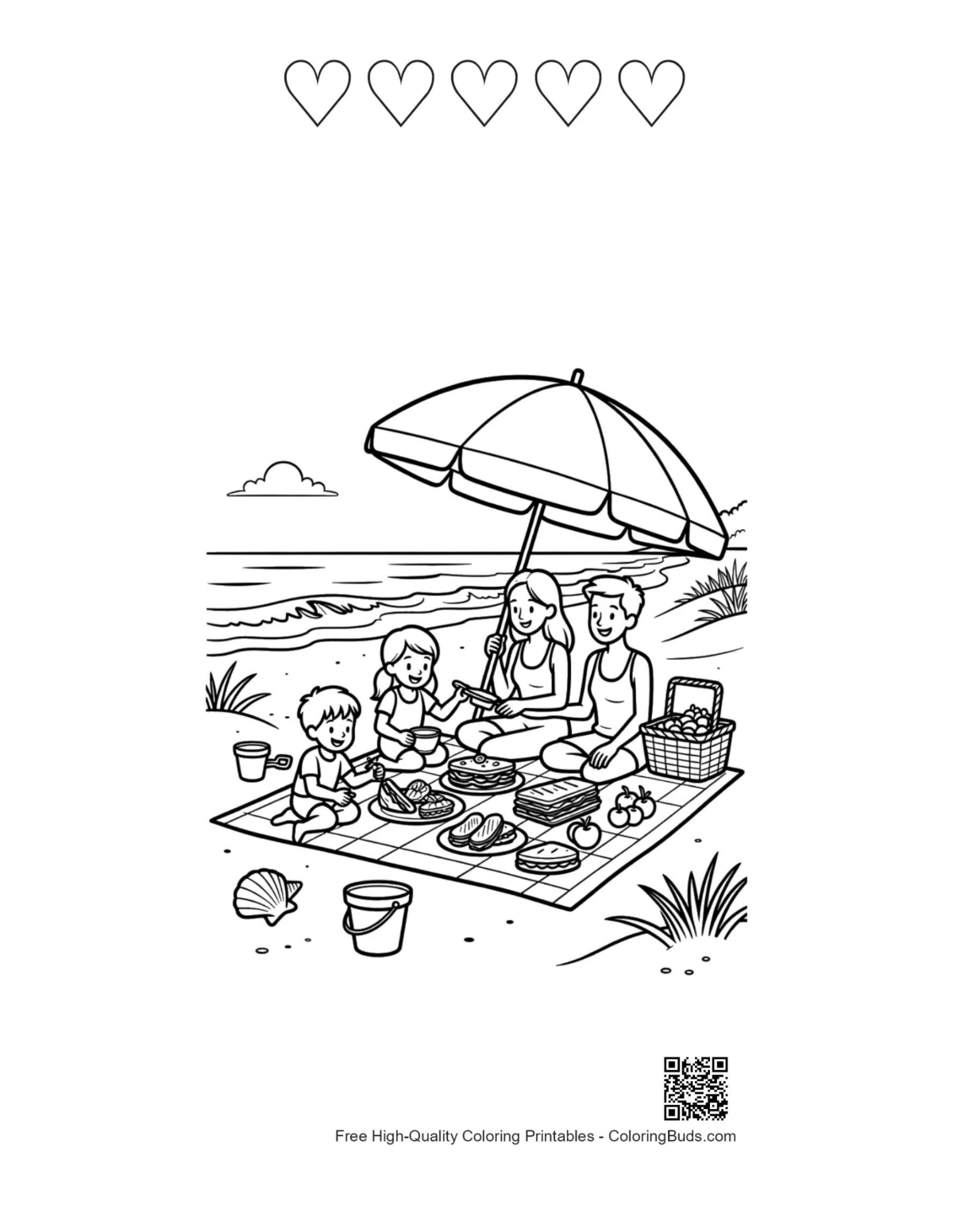 Beach sun with 5 hearts outline printable
