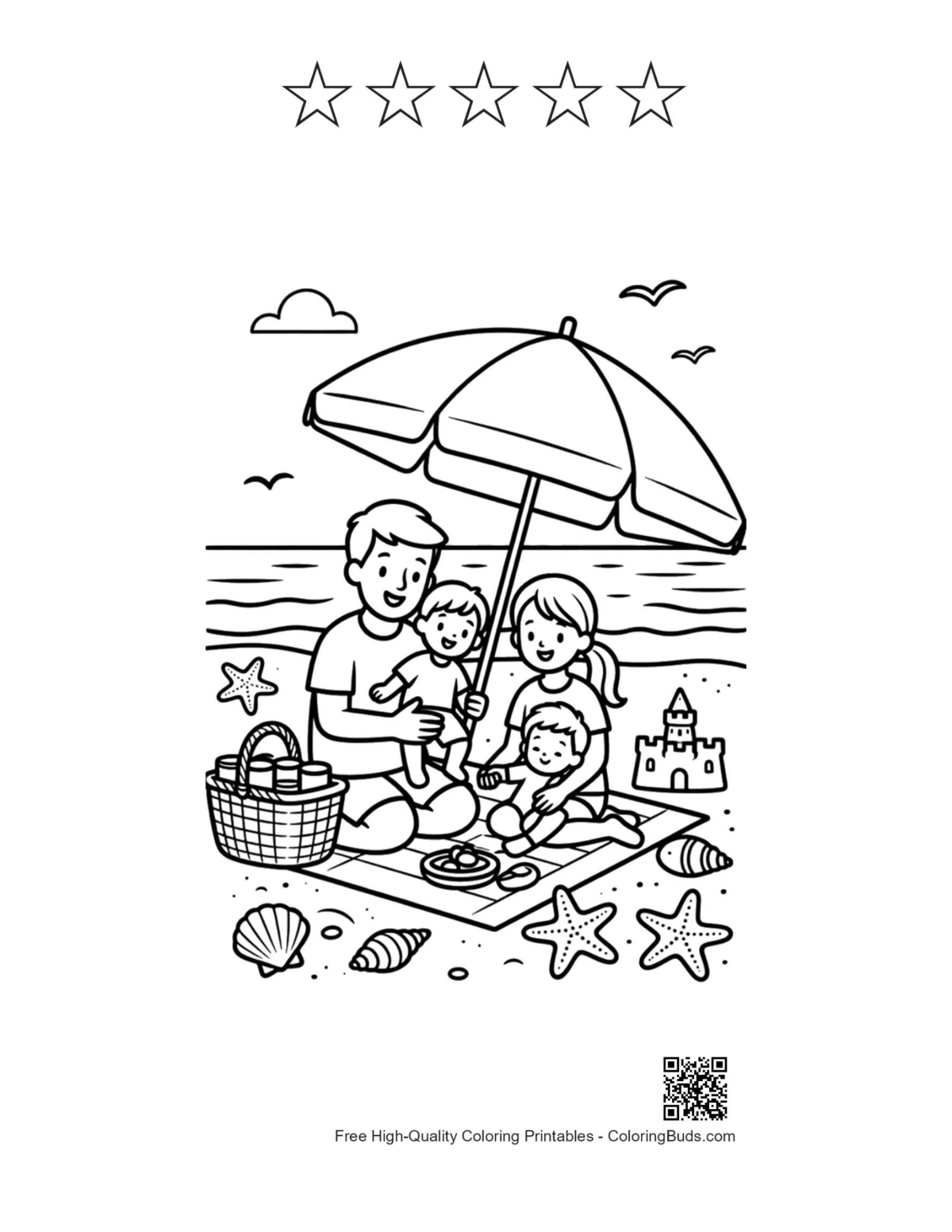 Beach sun printable with 5 star outlines for coloring