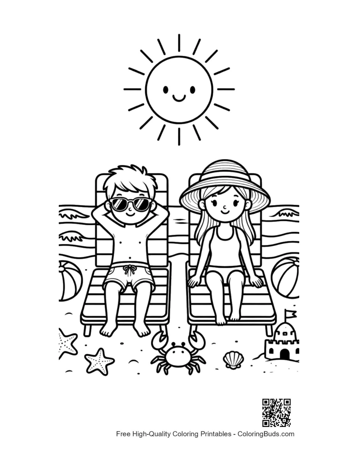 Boy girl beach chairs big sun printable coloring page
