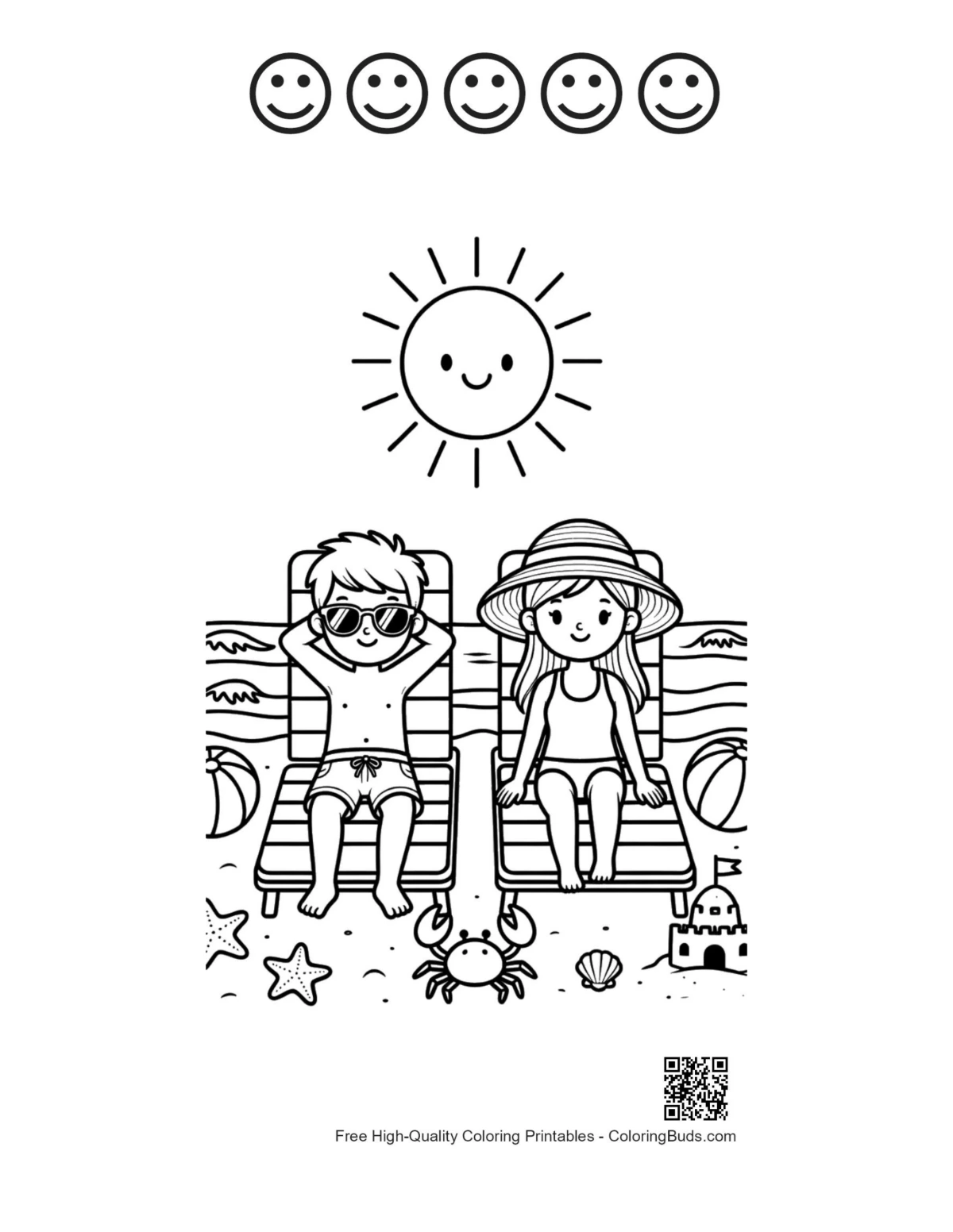 Boy girl beach chairs sun coloring 5 happy faces outlines
