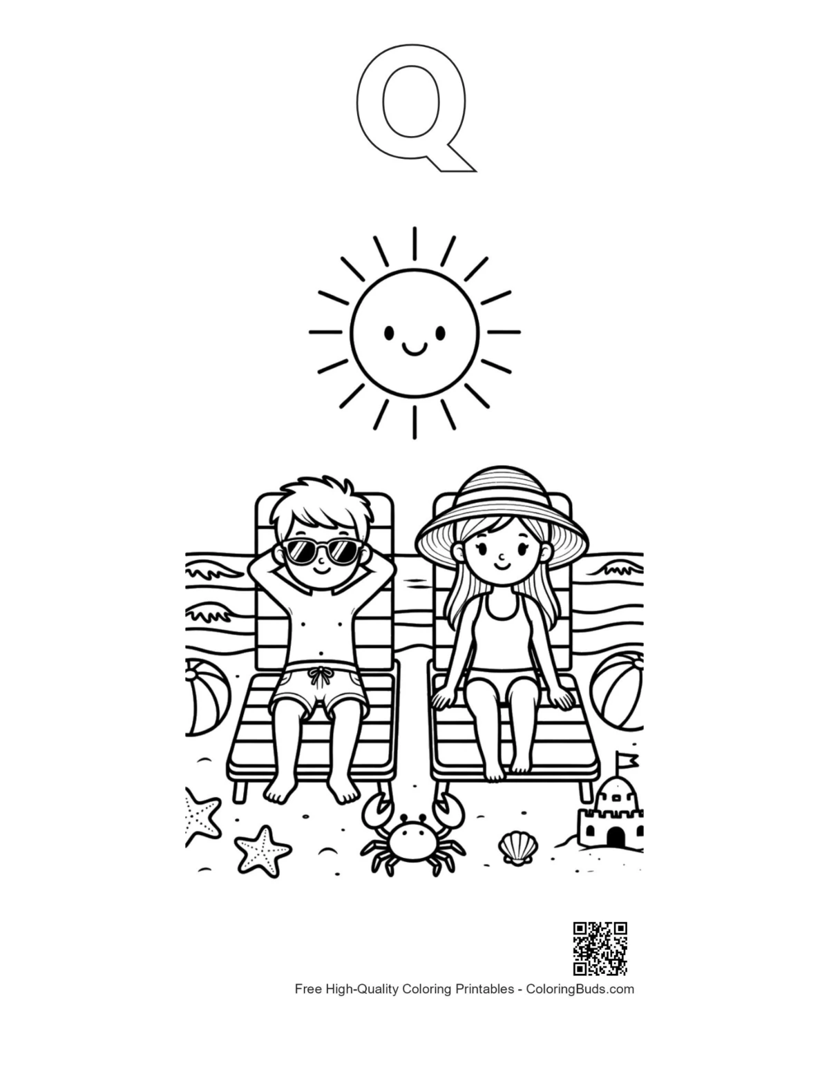 Boy girl beach chairs sun coloring outline alphabet Q printable