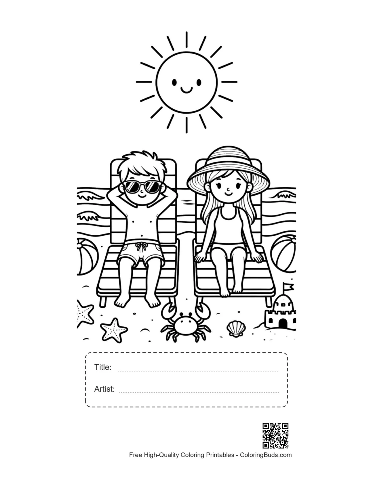 Boy girl beach chairs sun coloring page with title artist box