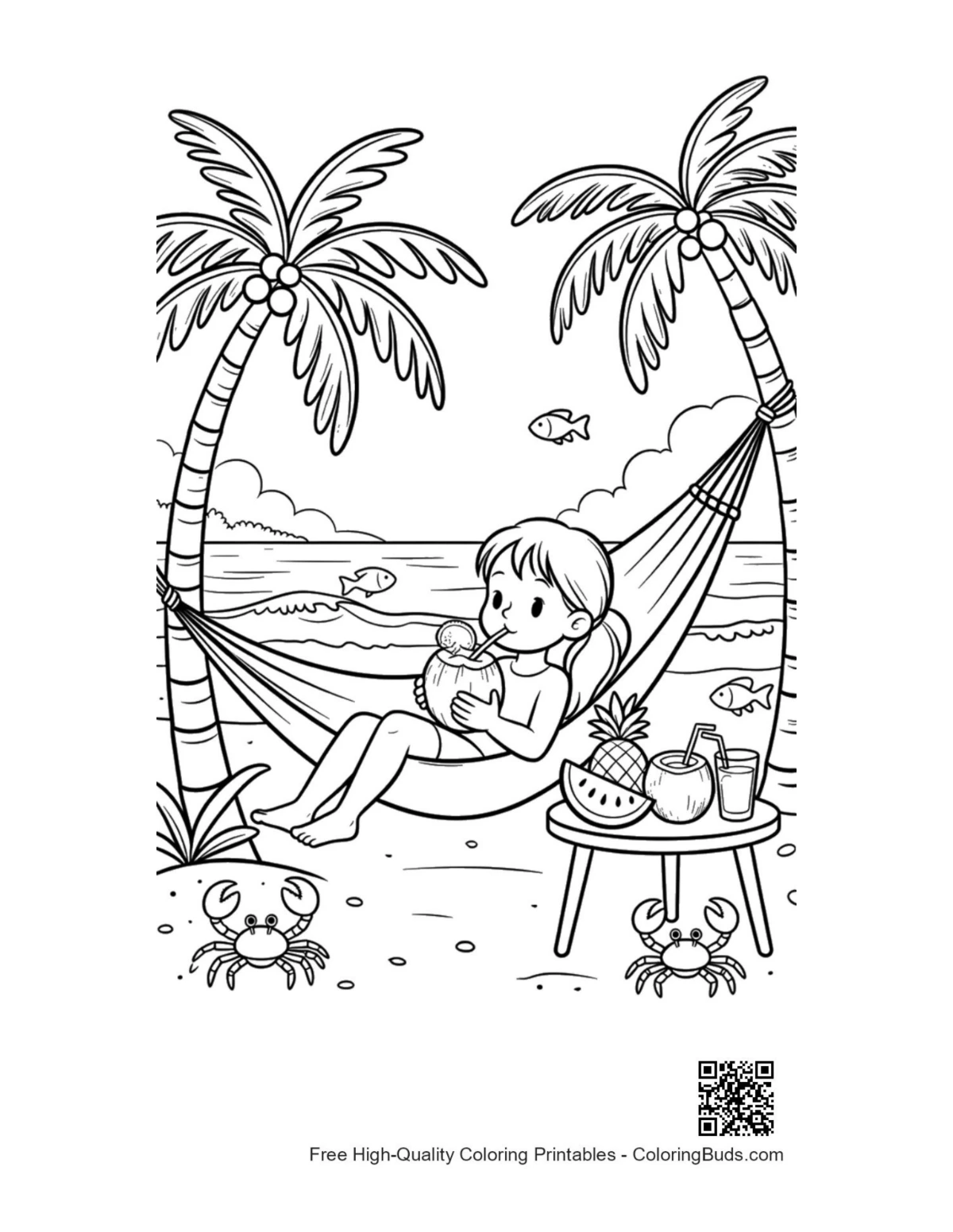 Child relaxing in hammock on tropical island coloring printable