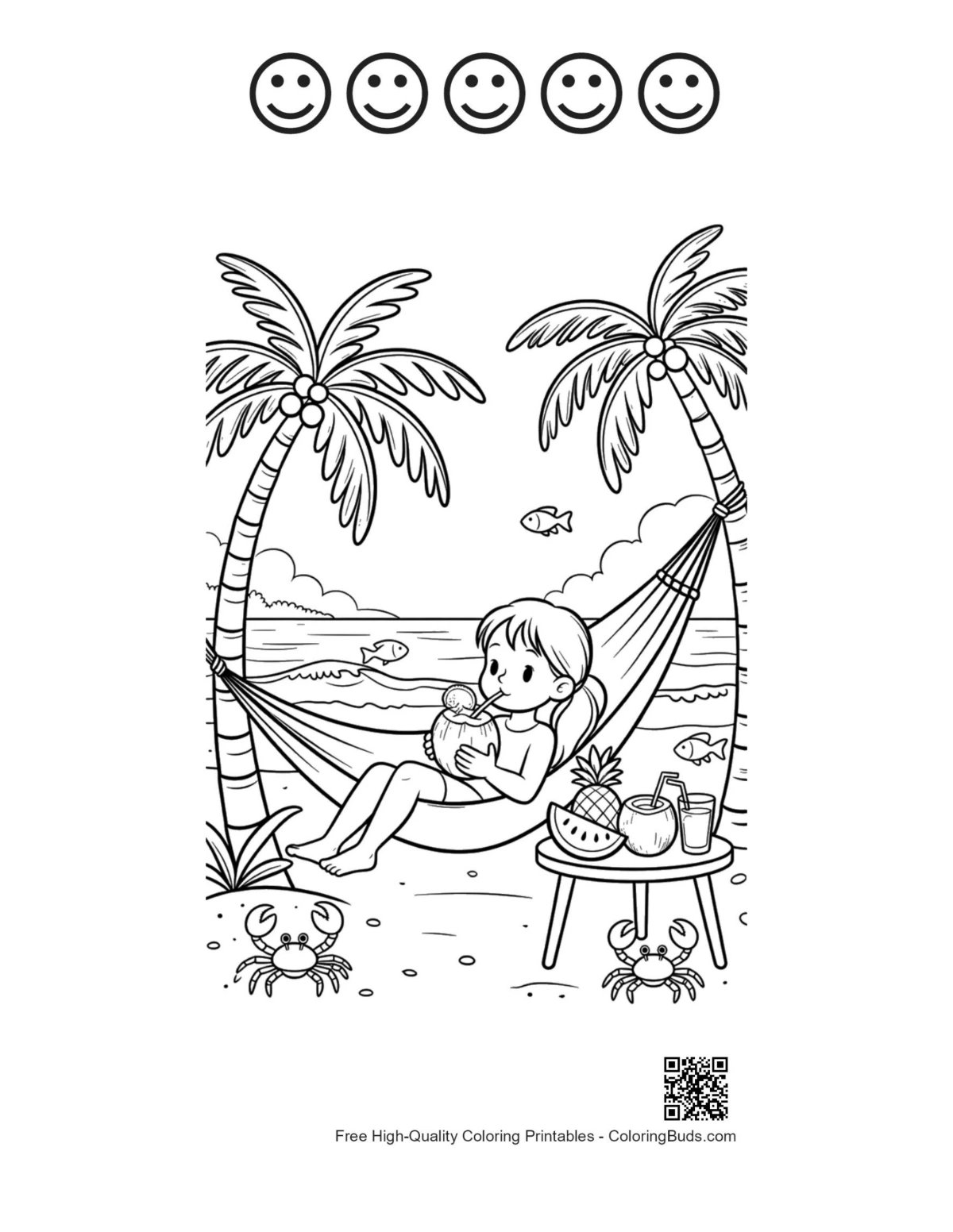 Tropical child hammock coloring printable with 5 happy faces
