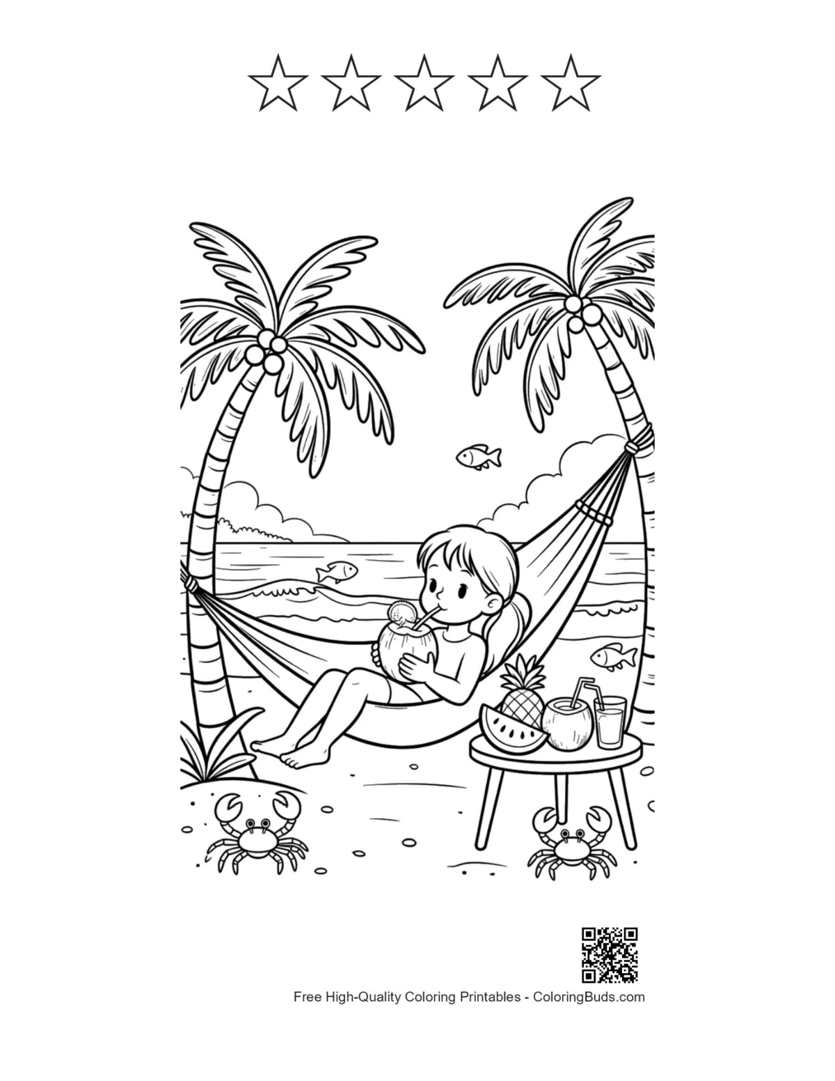 Child in hammock tropical coloring page with 5 star outlines