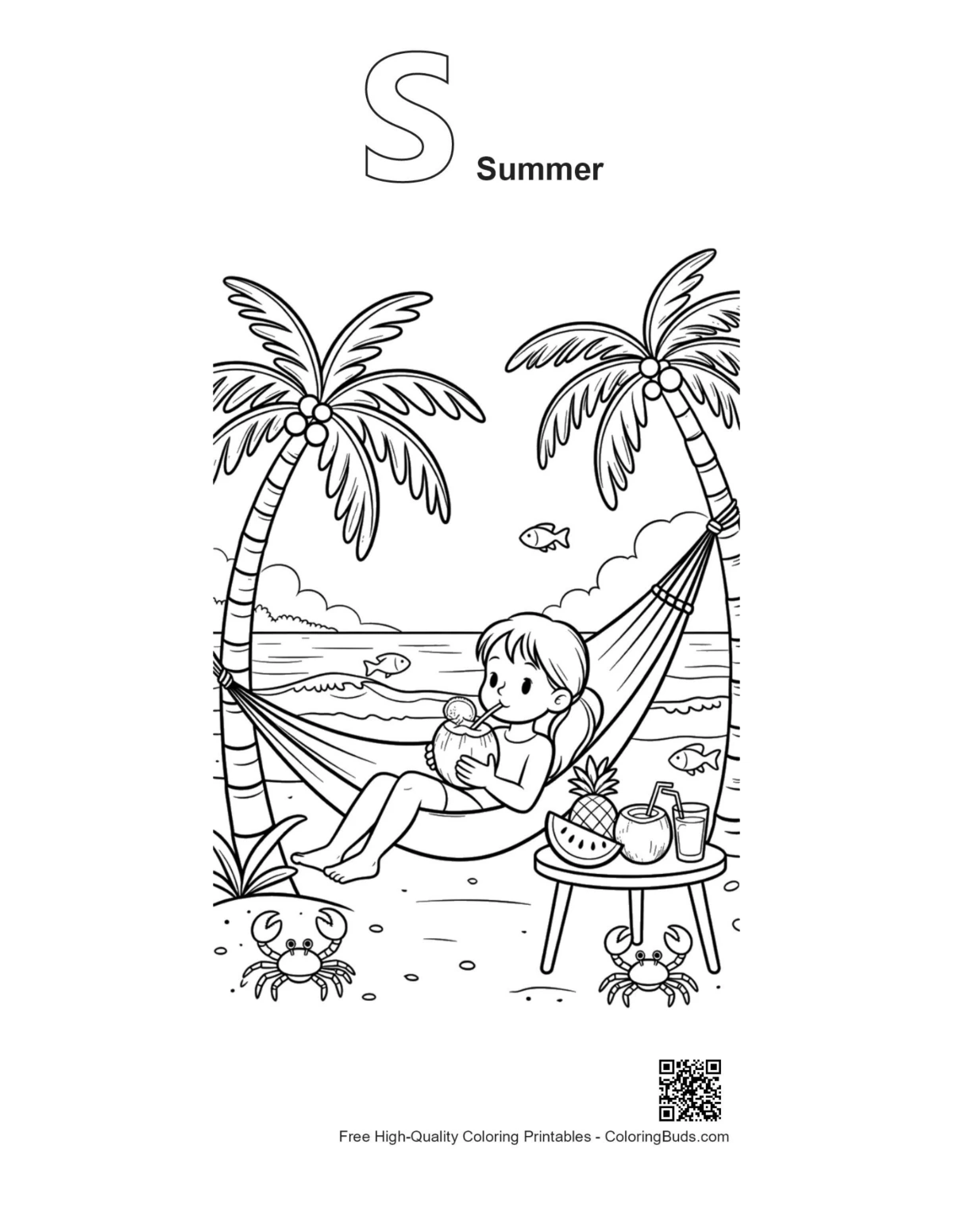Child hammock island coloring printable with summer S alphabet outline