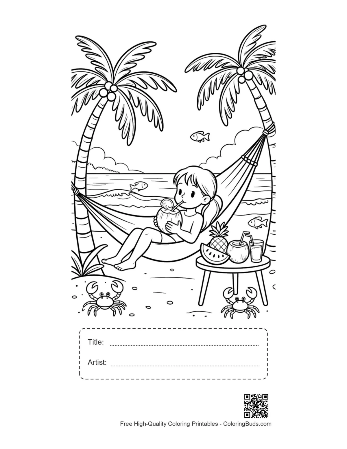 Child hammock tropical island coloring sheet with title artist box