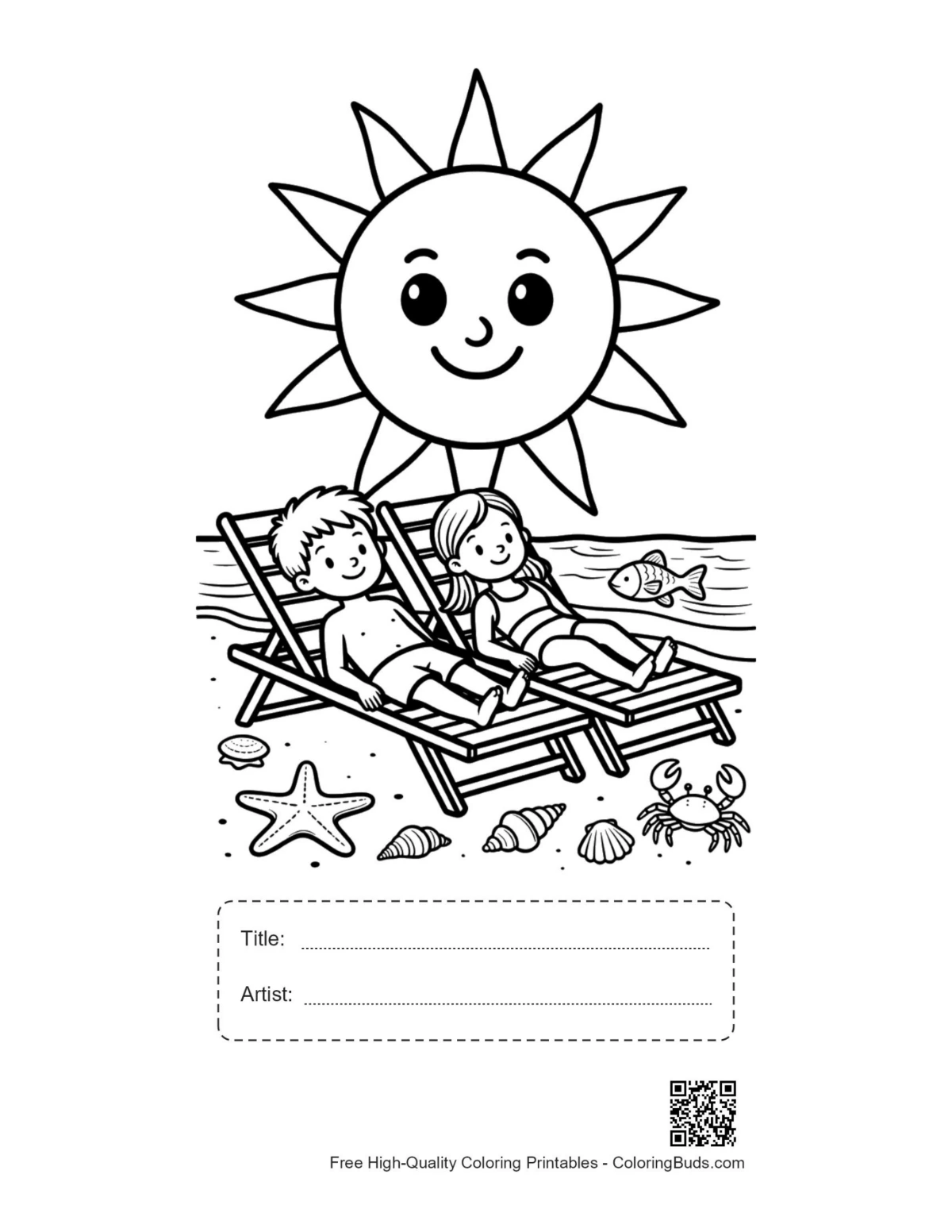 Kids sunbathing printable with title artist box smiling sun