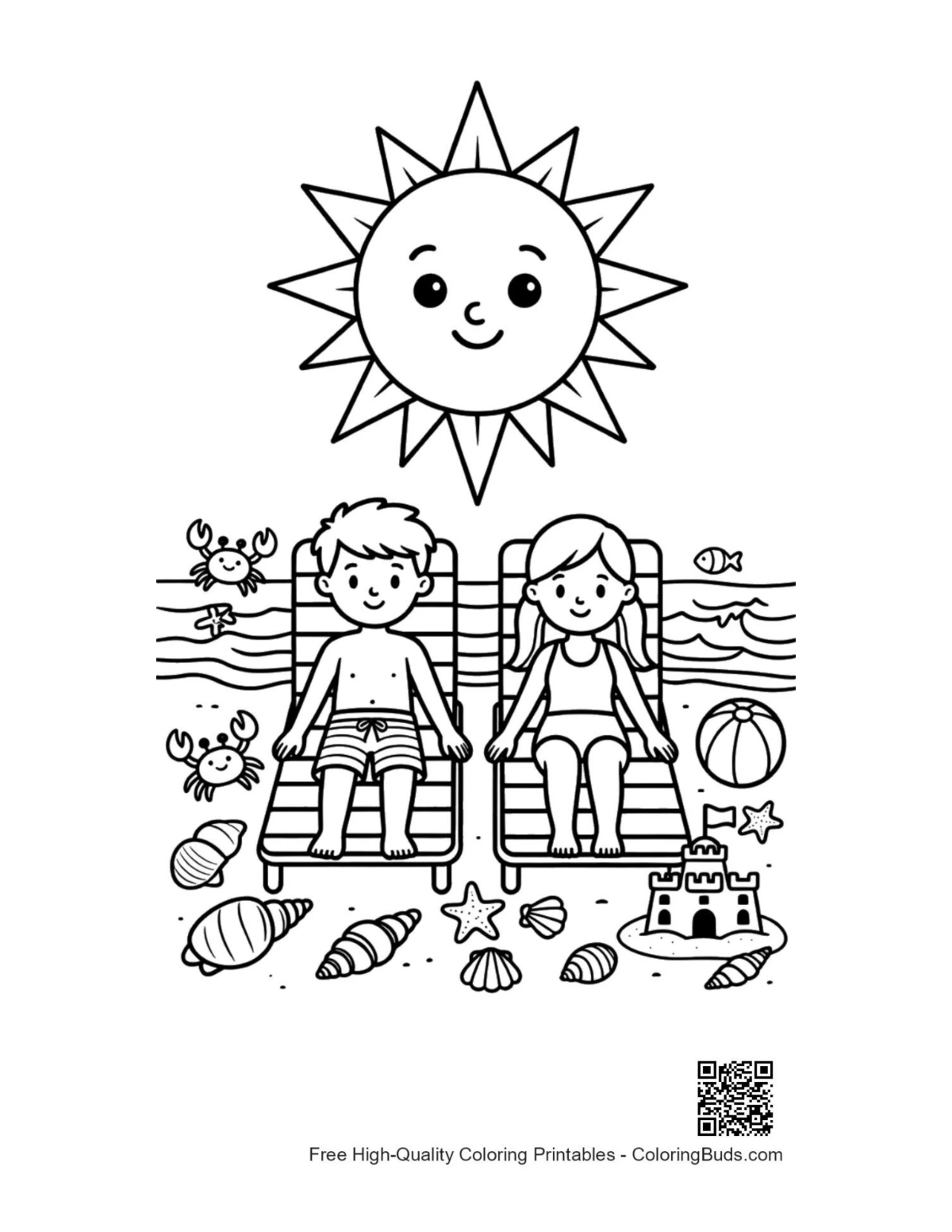 Cute beach sun coloring printable for kids