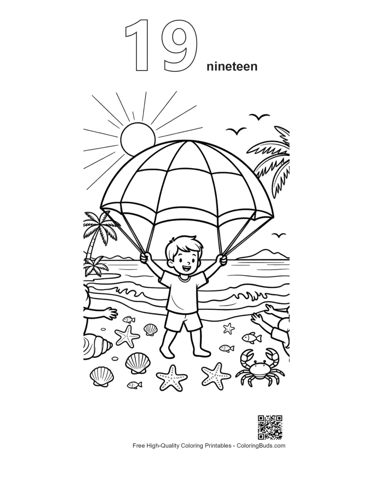 Cute beach sun outline number 19 printable
