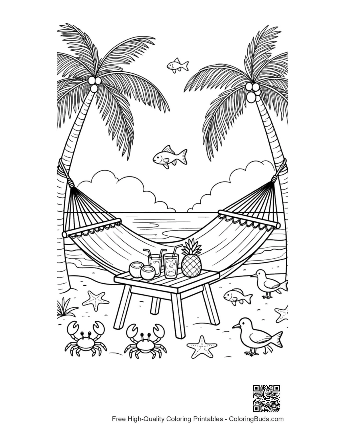 Easy beach sun printable coloring page outline