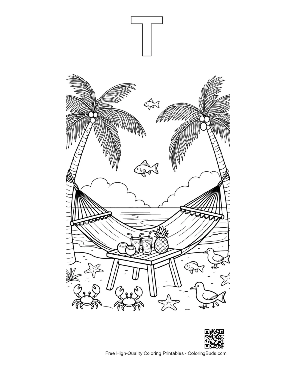 Beach sun printable outline with alphabet T shape