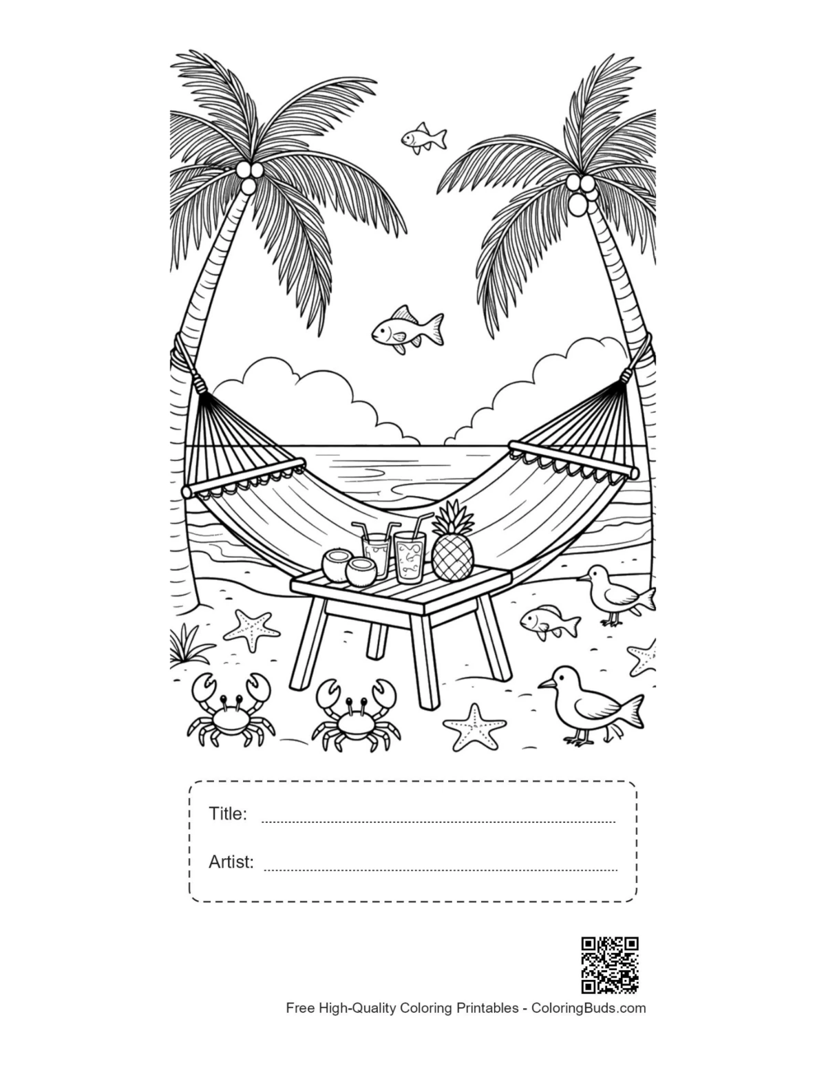 Beach sun printable with title artist box for coloring