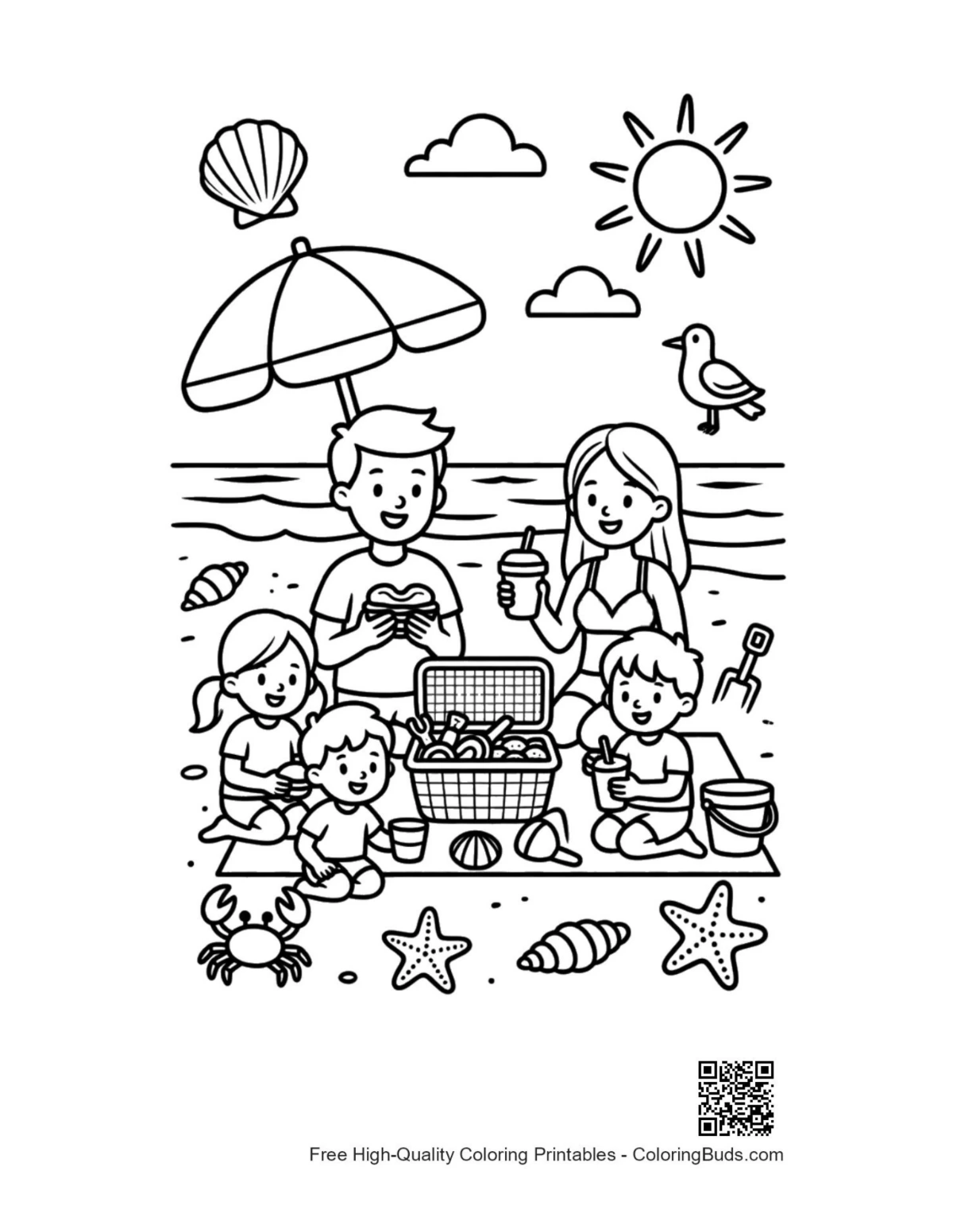 Easy beach sun coloring page printable for kids