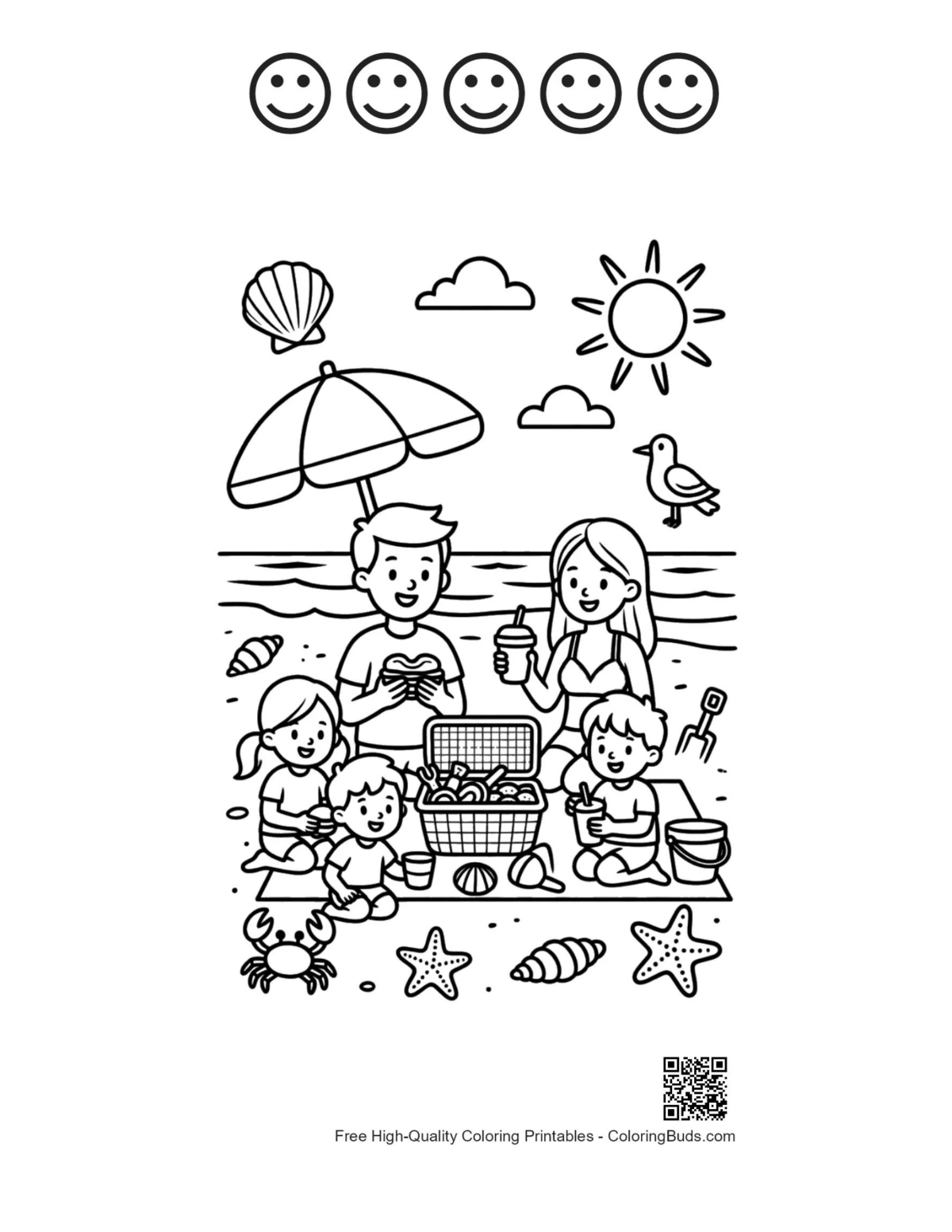 Beach sun sheet with five happy faces outlines