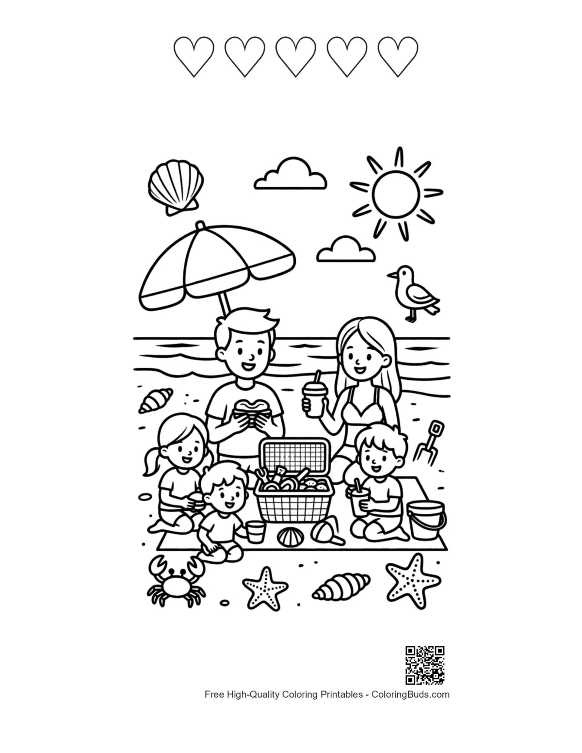 Beach sun coloring with five heart outlines