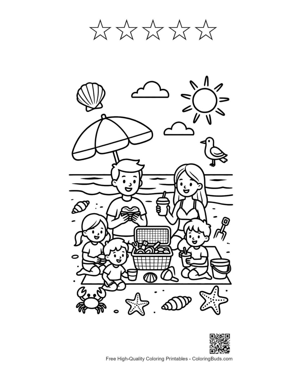 Beach sun printable with five star outlines