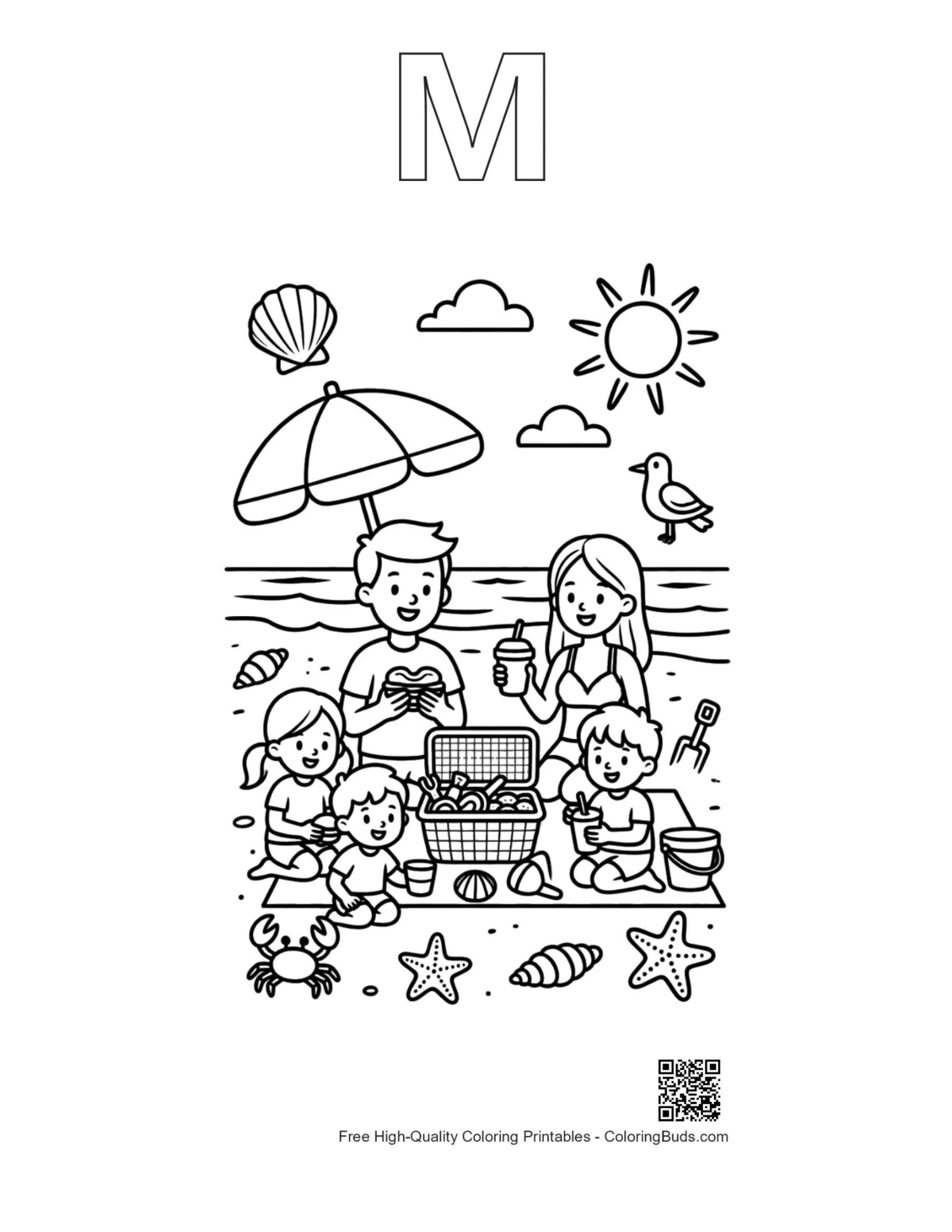 Beach sun coloring page with M alphabet outline