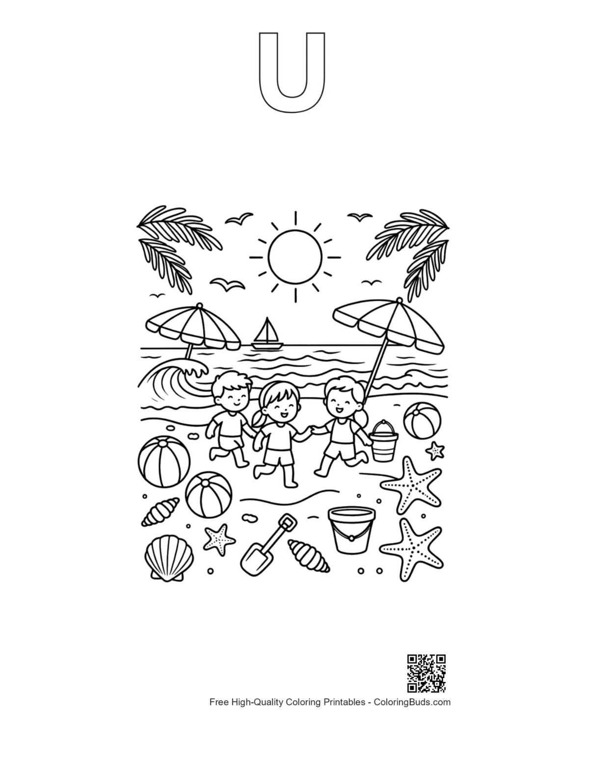 Tropical beach coloring page alphabet U outline