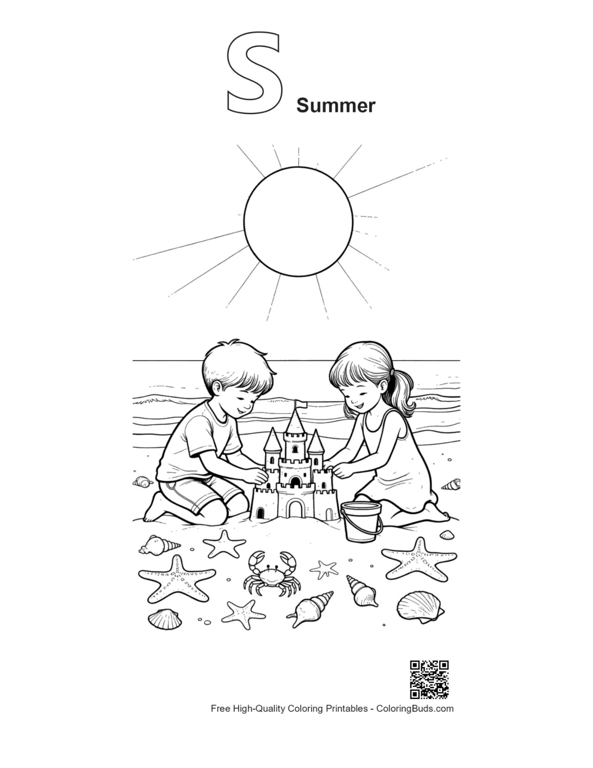 Beach sun printable outline alphabet S summer