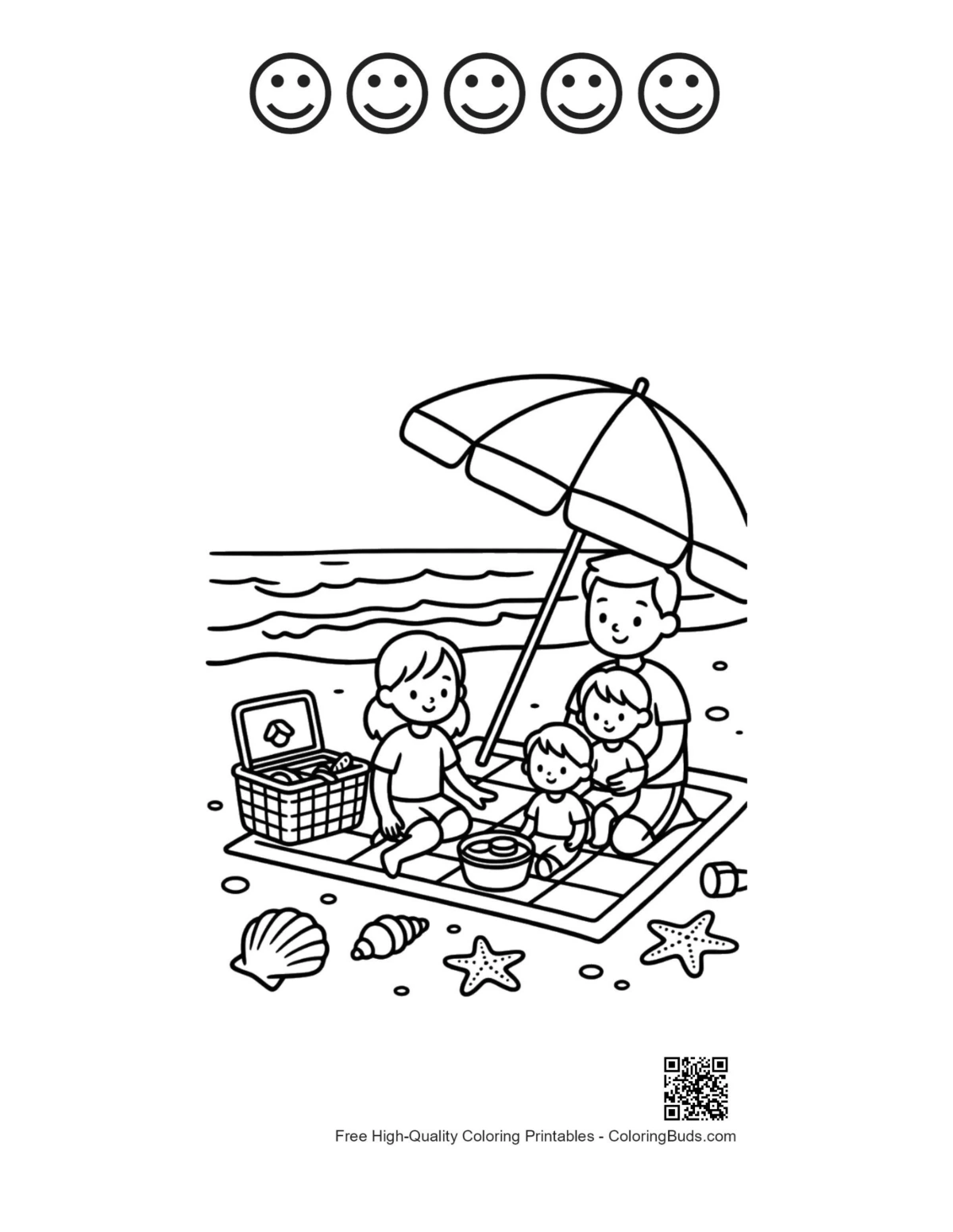 Beach picnic coloring page 5 happy faces outline printable