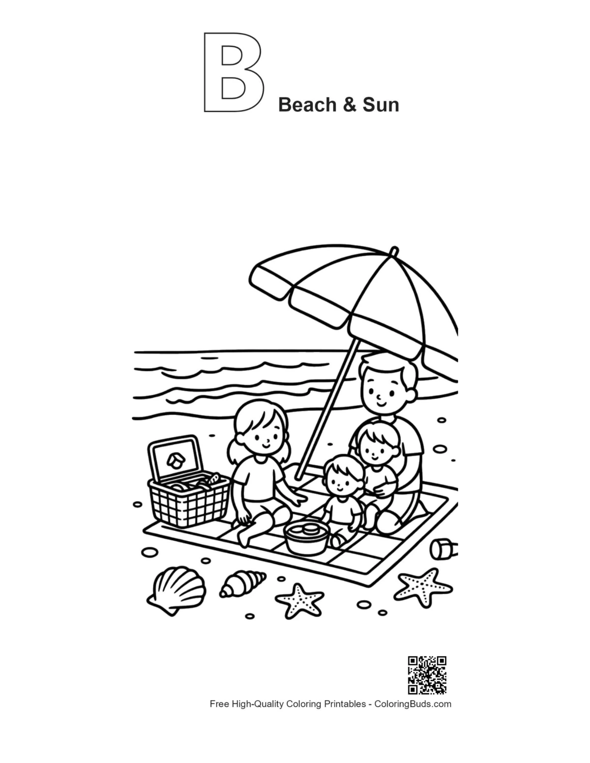 Picnic shore coloring page alphabet B Beach & Sun outline
