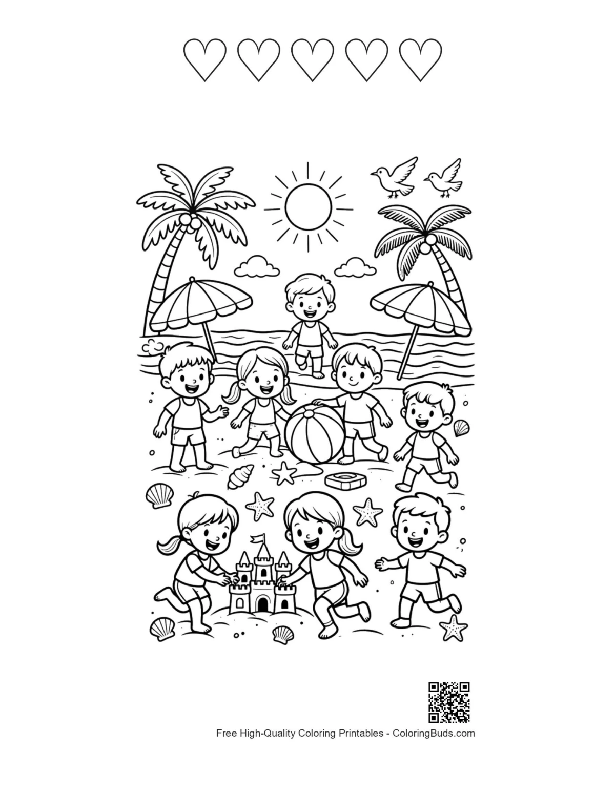 Imprimable plage été coloriage enfants avec 5 contours de cœurs