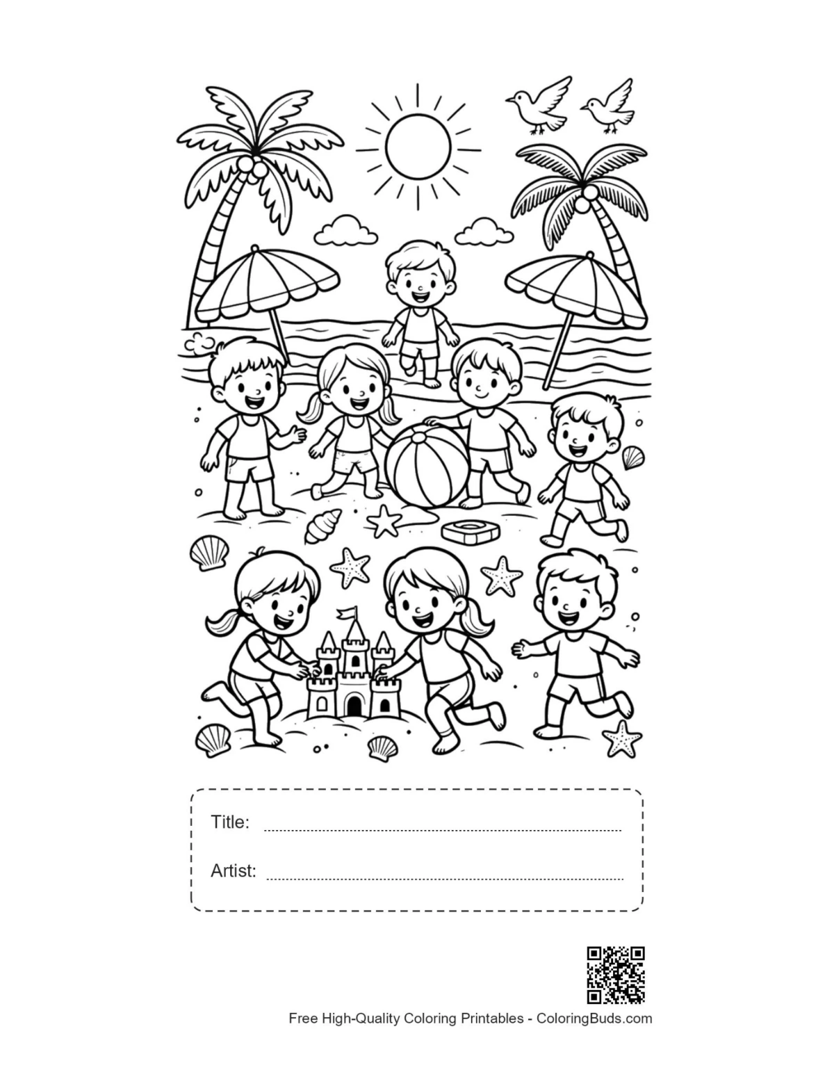 Imprimable plage été avec titre boîte artiste pour coloriage enfants