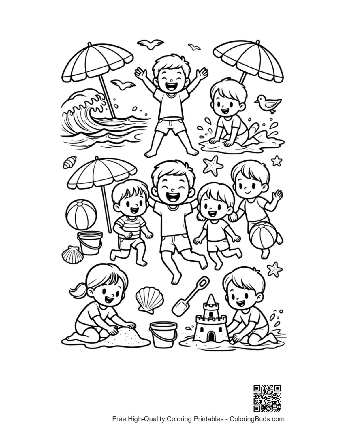Little boy girl jumping ocean waves coloring page