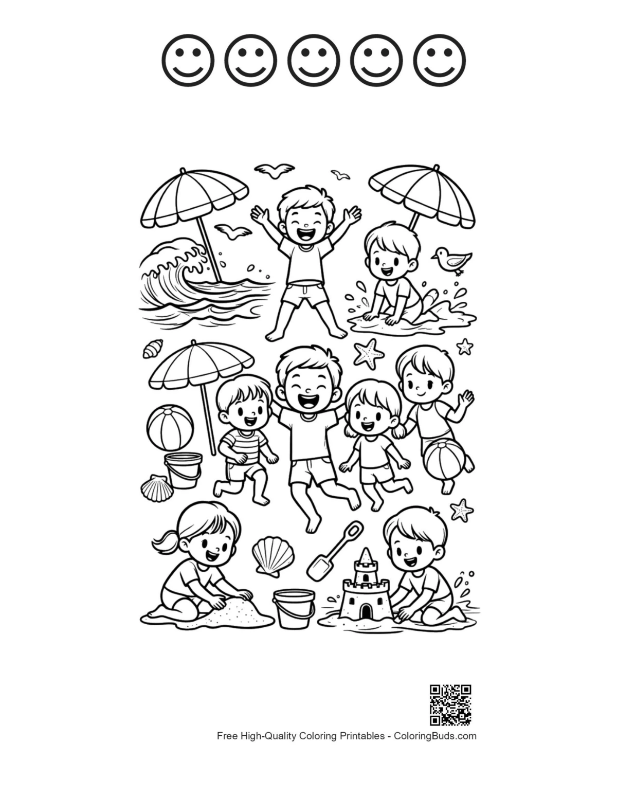 Happy faces ocean waves kids jumping coloring page