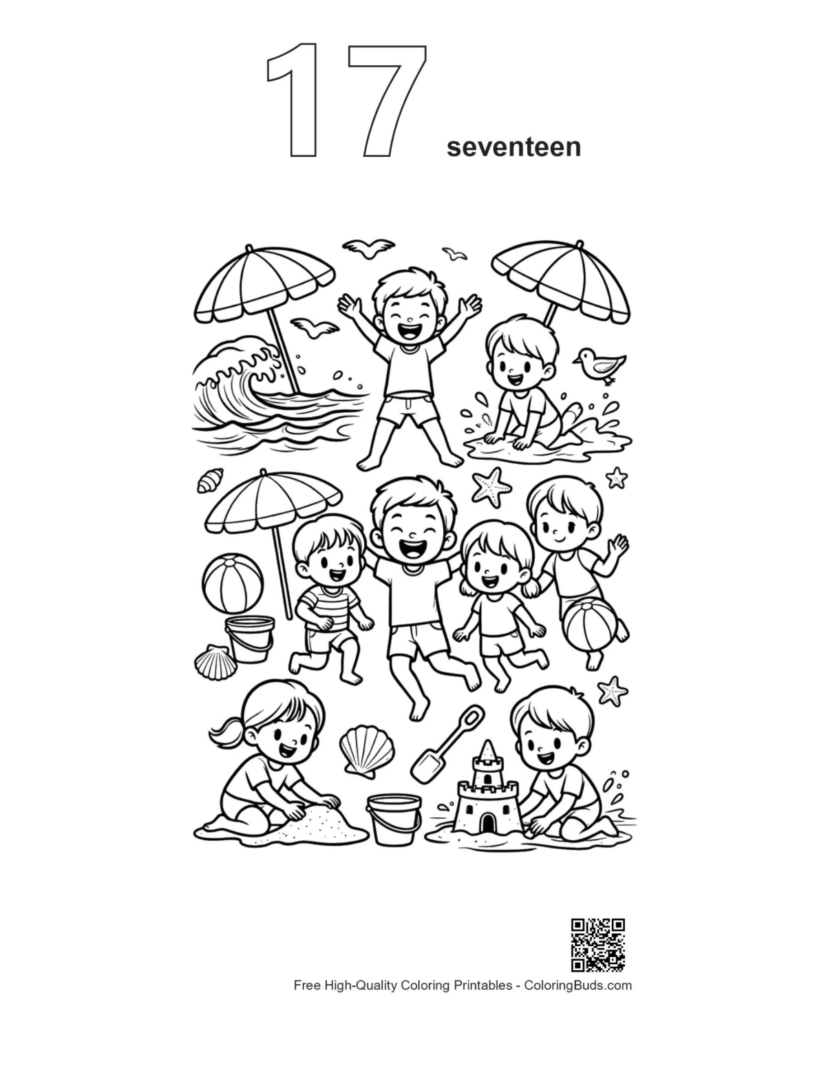 Number 17 ocean waves kids jumping coloring printable